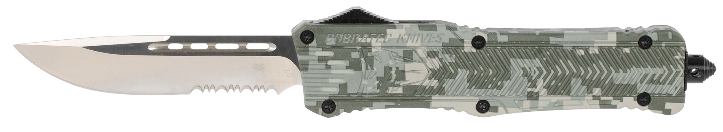 CobraTec Knives LADCCTK1LDS CTK-1  Large 3.75" OTF Drop Point Part Serrated D2 Steel Blade/ Army DigiCamo Aluminum Handle Features Glass Breaker Includes Pocket Clip                                   