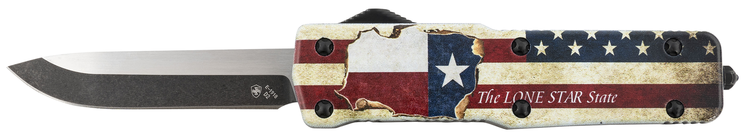 Templar Knife SZTX321 Premium Weighted Small 3" OTF Drop Point Plain Black Oxide Stonewashed Powdered D2 Steel Blade/4.50" Red/White/Blue w/"The LONE STAR State" Aluminum Zinc Alloy Handle