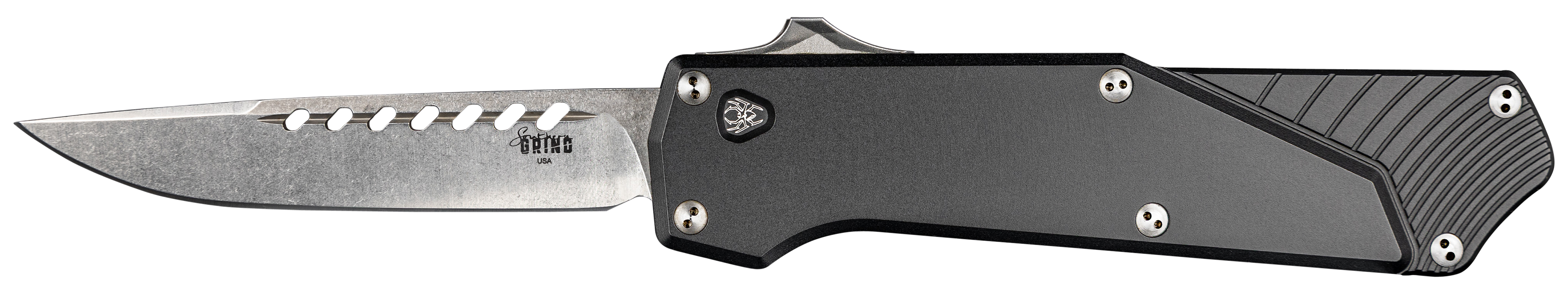 Southern Grind SG12030020 Arachnid  3.20" OTF Drop Point Plain Satin PVD Coated S35VN SS Blade, Black Aluminum Handle Features Blood Groove on Blade