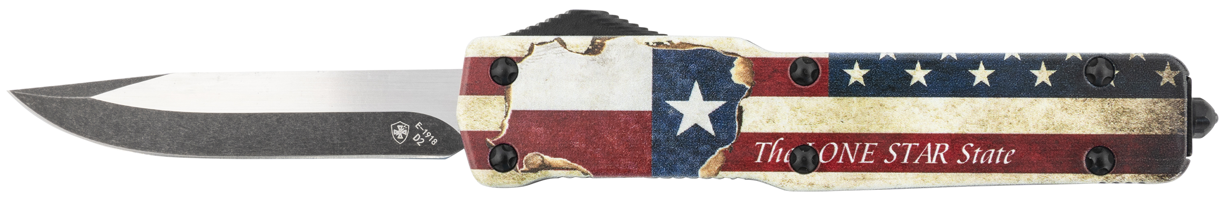 Templar Knife MZTX321 Premium Weighted Slim 3.16" OTF Drop Point Plain Black Oxide Stonewashed Powdered D2 Steel Blade/4.93" Red/White/Blue w/"The LONE STAR State" Aluminum Zinc Alloy Handle
