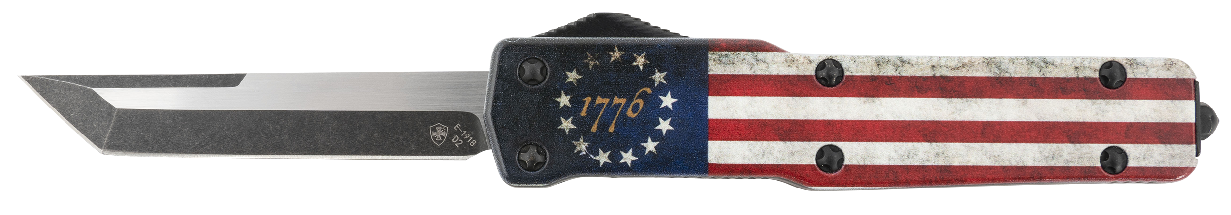 Templar Knife MZBRF221 Premium Weighted Slim 3.16" OTF Tanto Plain Black Oxide Stonewashed Powdered D2 Steel Blade/4.93" Betsy Ross Flag Aluminum Zinc Alloy Handle