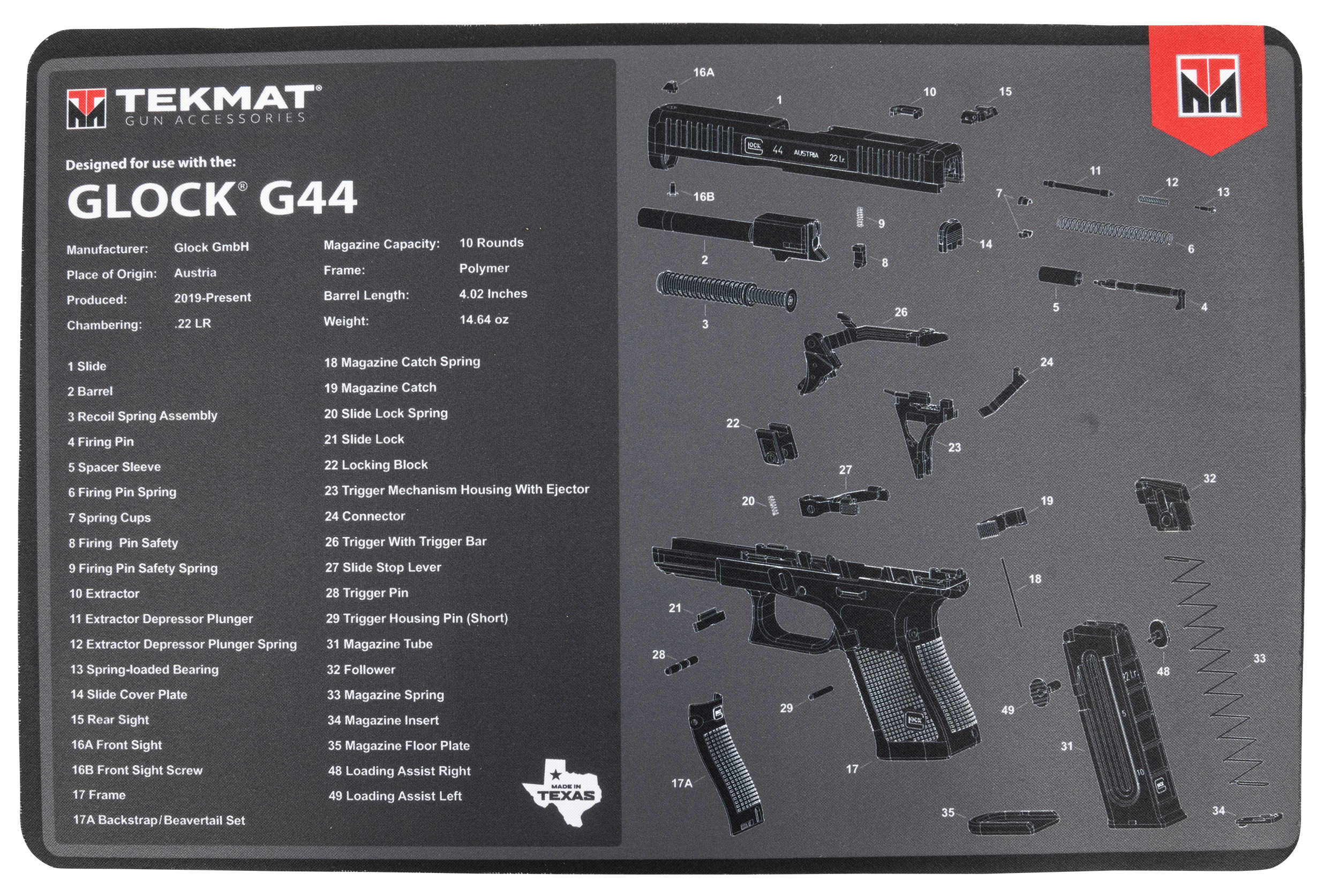 TekMat TEKR17GLOCK44 Glock 44 Cleaning Mat Glock 44 Parts Diagram 11" x 17"
