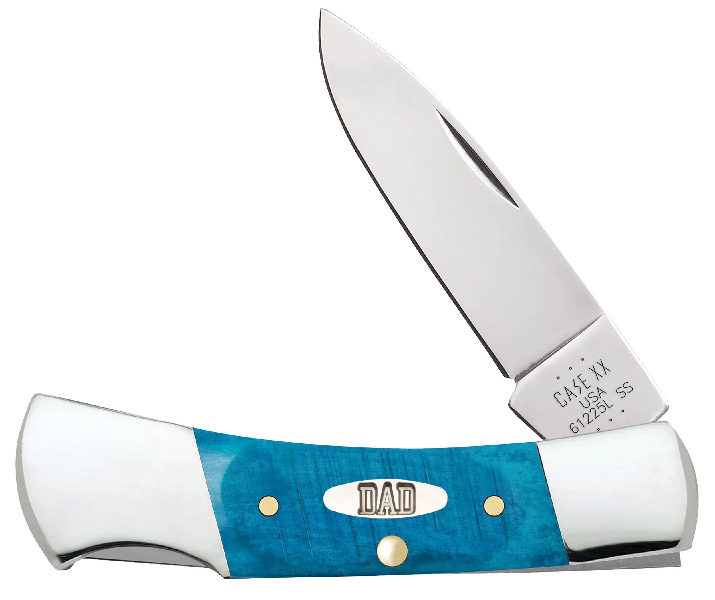 Case 10629 Father's Day  2.20" Folding Drop Point Plain Mirror Polished Tru-Sharp SS Blade, Caribbean Blue w/"DAD" Blue Bone/SS Handle                                                                  