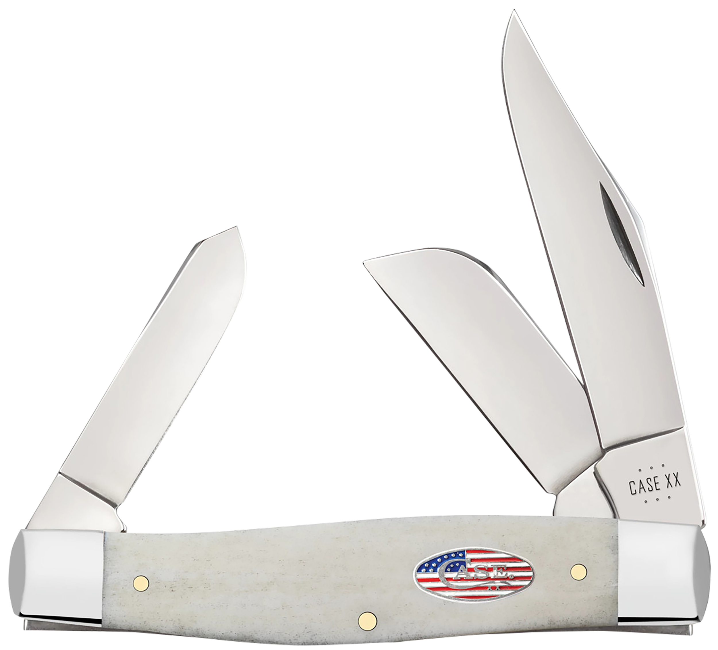 Case 14093 Stockman  EDC Large 3.30"/2.30"/2.20" Folding Clip Point/Sheepsfoot/Spey Plain Mirror Polished Tru-Sharp SS Blade, Smooth Natural Bone Handle