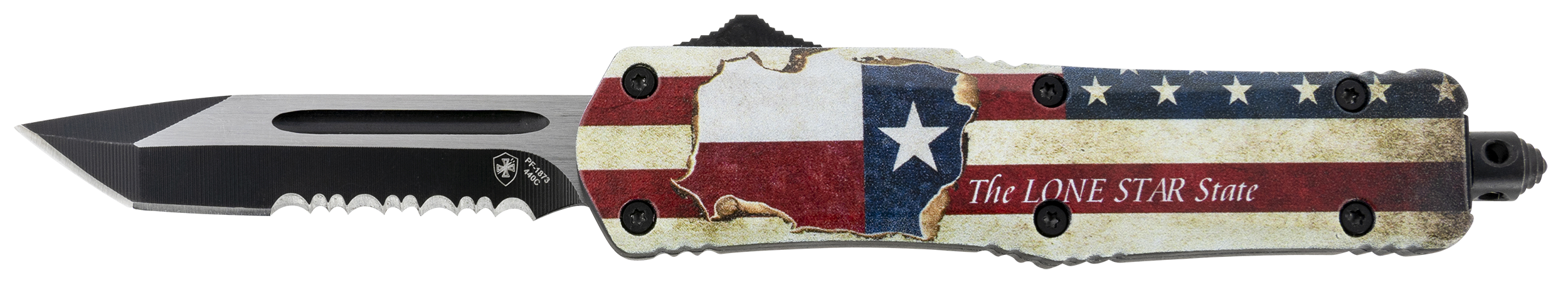 Templar Knife STX-531 Texan Gen II Small 2.25" OTF Tanto Part Serrated Black Oxide Stonewashed 440C SS Blade/ 4.31" Texas Flag Aluminum Handle Features Glass Breaker Includes Pocket Clip/Sheath