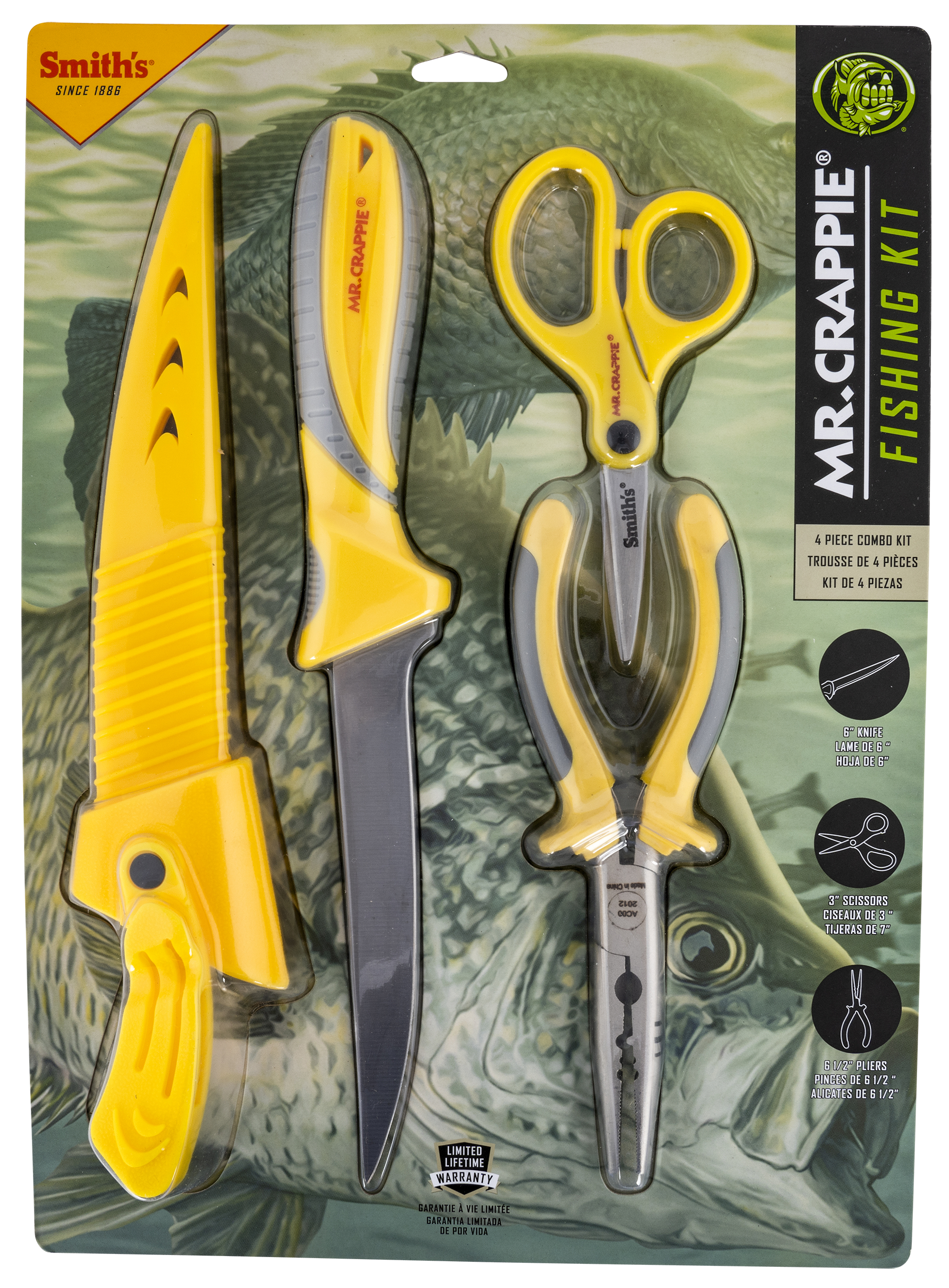 Smiths Products 51232 Mr. Crappie Fishing Combo 6" Fixed Fillet Plain 400 Stainless Steel Blade Gray/Yellow TPE Handle Features Braid Line Scissors/Pliers Includes Pliers/Scissors/Sheath