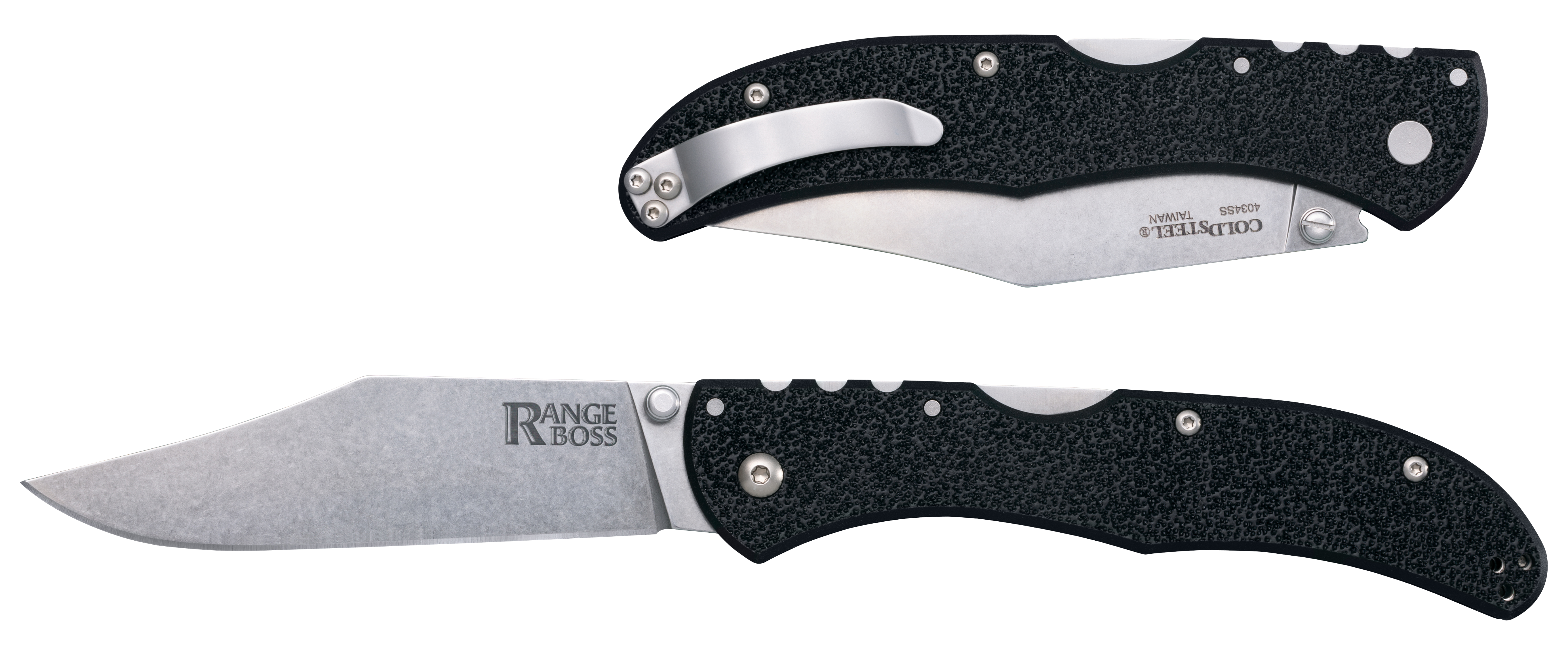 Cold Steel CS-20KR5 Range Boss  4" Folding Plain Clip Point Stone Washed 4034 Stainless Steel Blade/Black Zy-Ex Handle