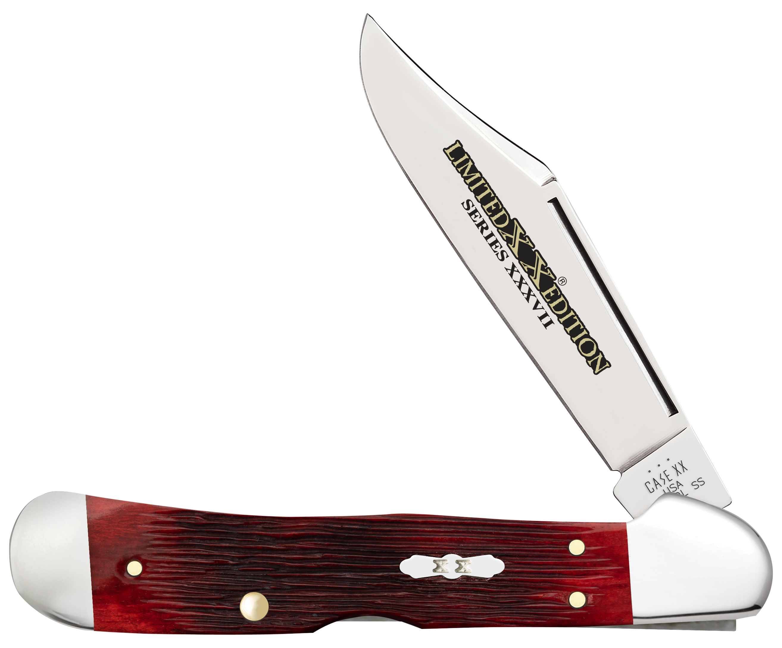 Case 12213 Limited Edition XXXVII CopperLock Folding Locking Clip Point Plain Mirror Polished w/Engraving Tru-Sharp SS Blade/ Old Red Barnboard Jig/SS Stag Bone/Nickle Handle                          