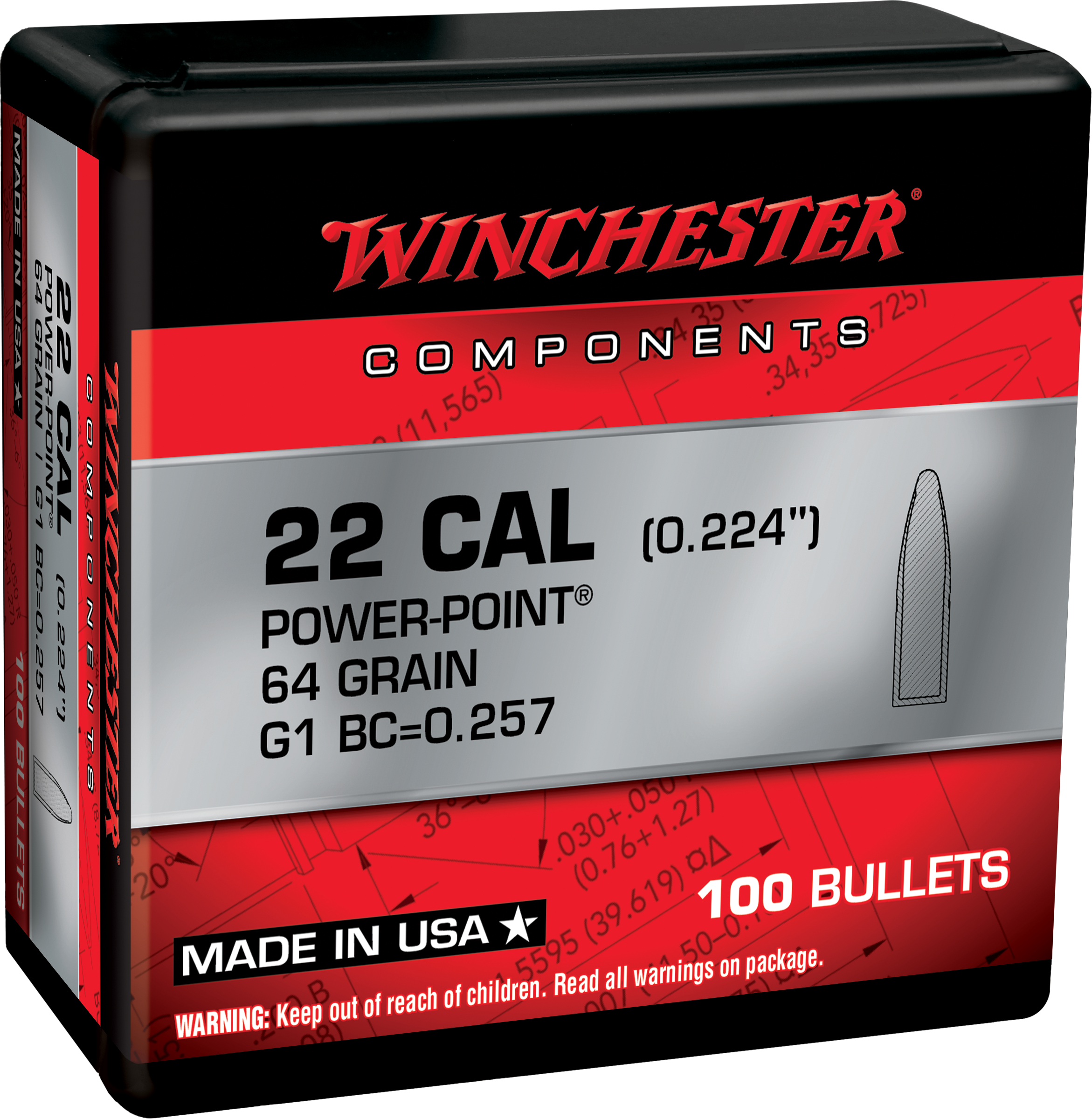 BULLETS .224 DIA. 64GR PP 100 COUNT
