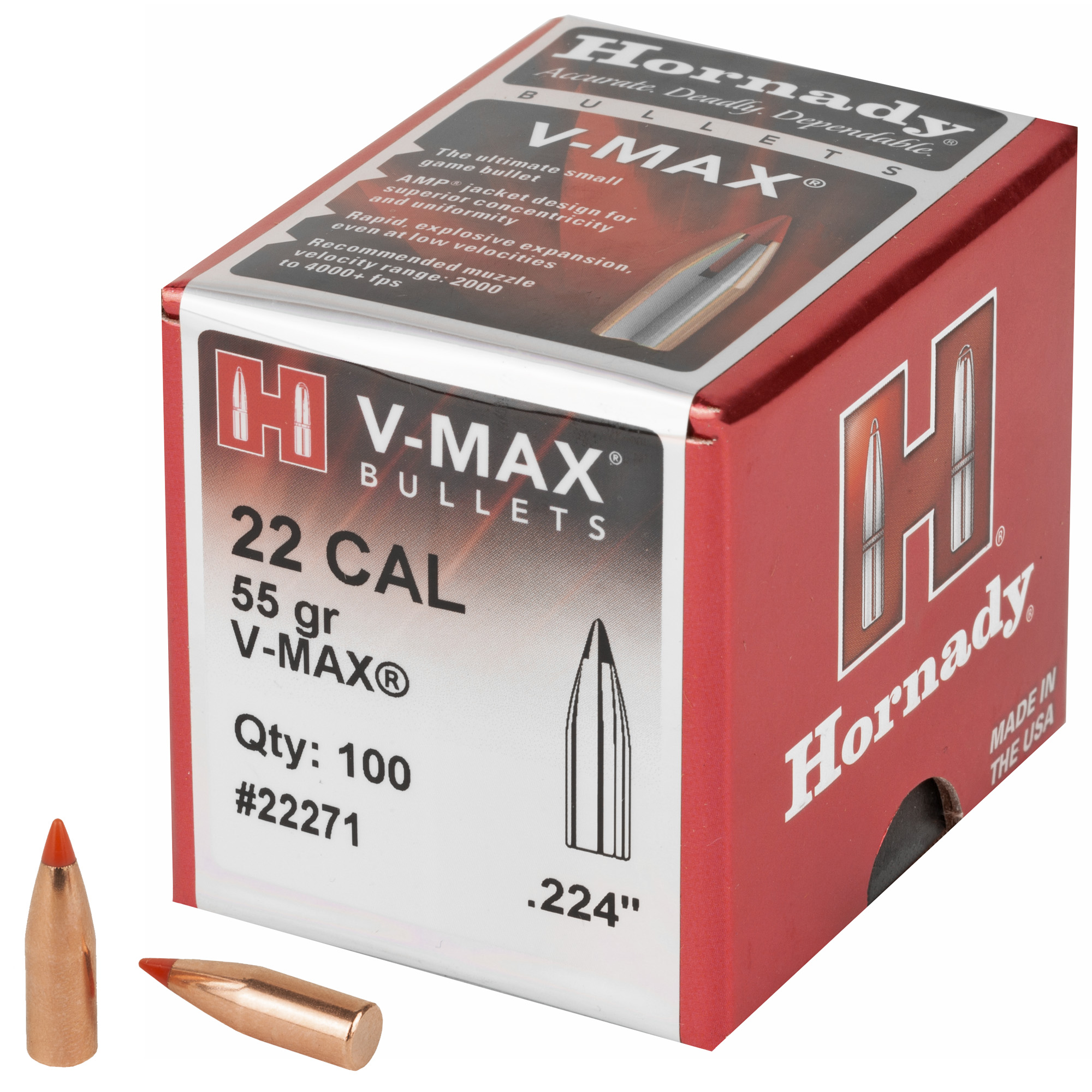 Hornady V-MAX Bullets .22 cal .224" 55 gr V-MAXFB 100/ct
