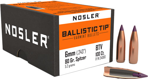 Nosler Ballistic Tip Varmint Bullets 6mm .243" 80 gr SBT-SB 100/ct