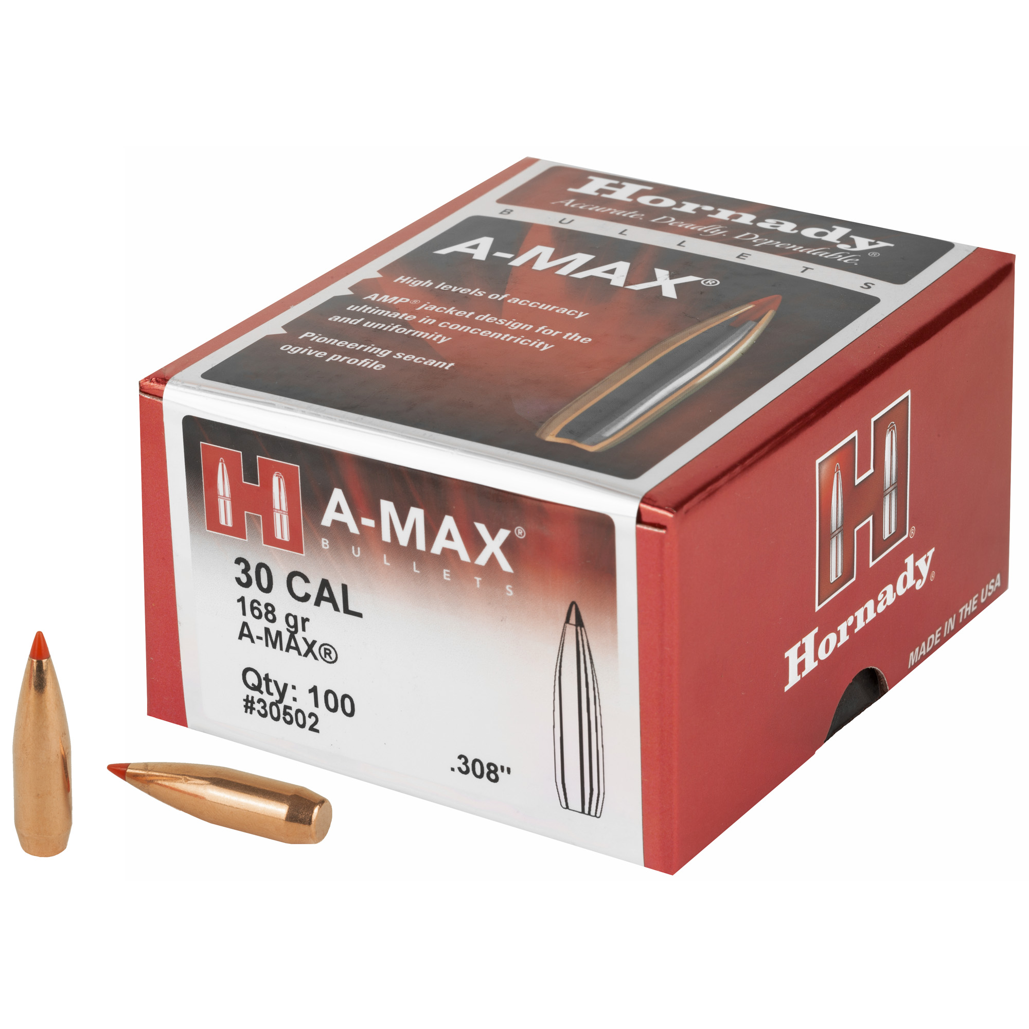 Hornady A-MAX Rifle Bullets .30 cal .308" 168 gr A-MAX 100/ct