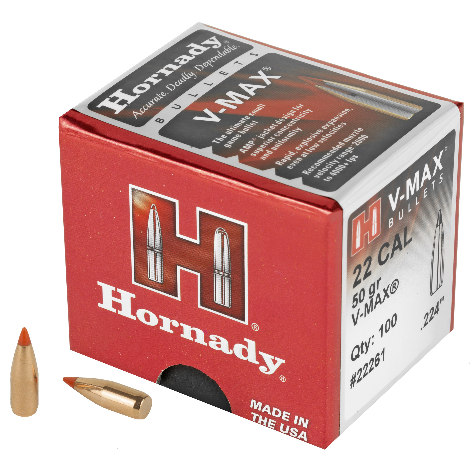 Hornady V-MAX Bullets .22 cal .224" 50 gr V-MAXBT 100/ct