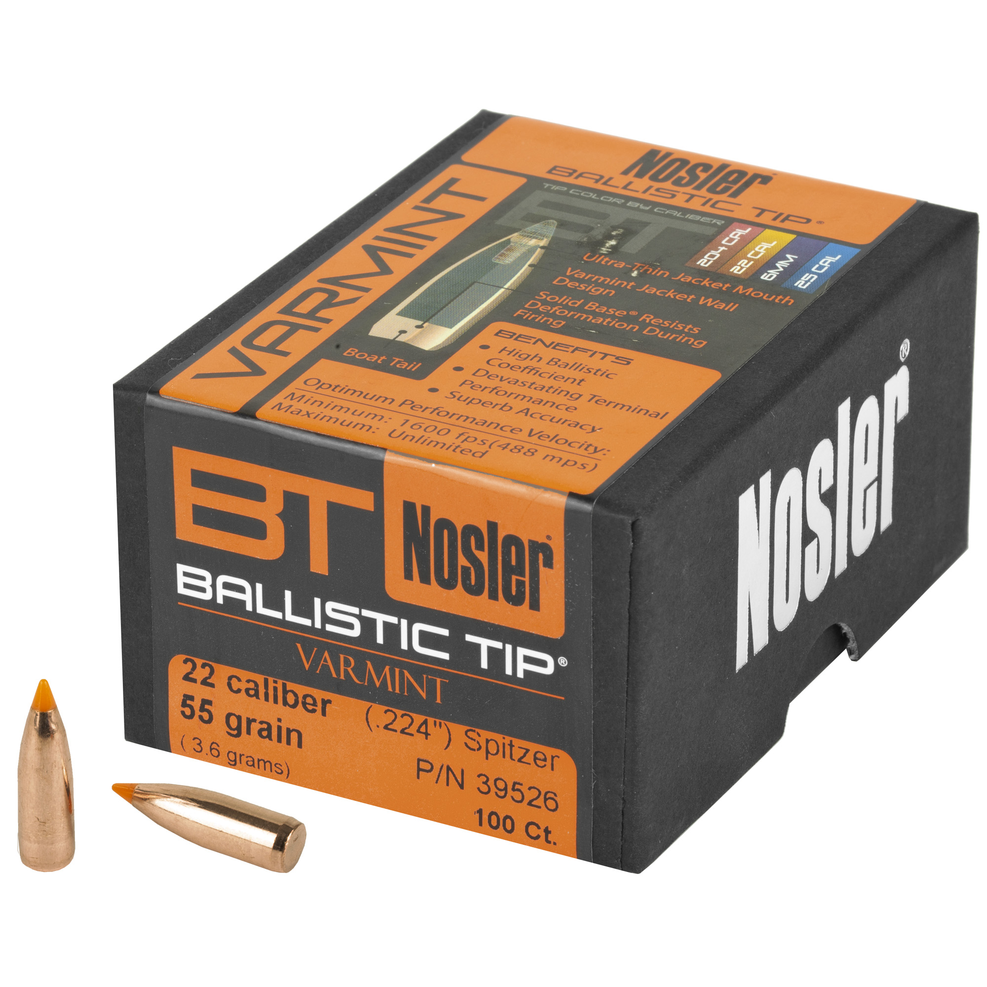 Nosler Ballistic Tip Varmint Bullets .22 cal .224" 55 gr SBT-SB 100/ct