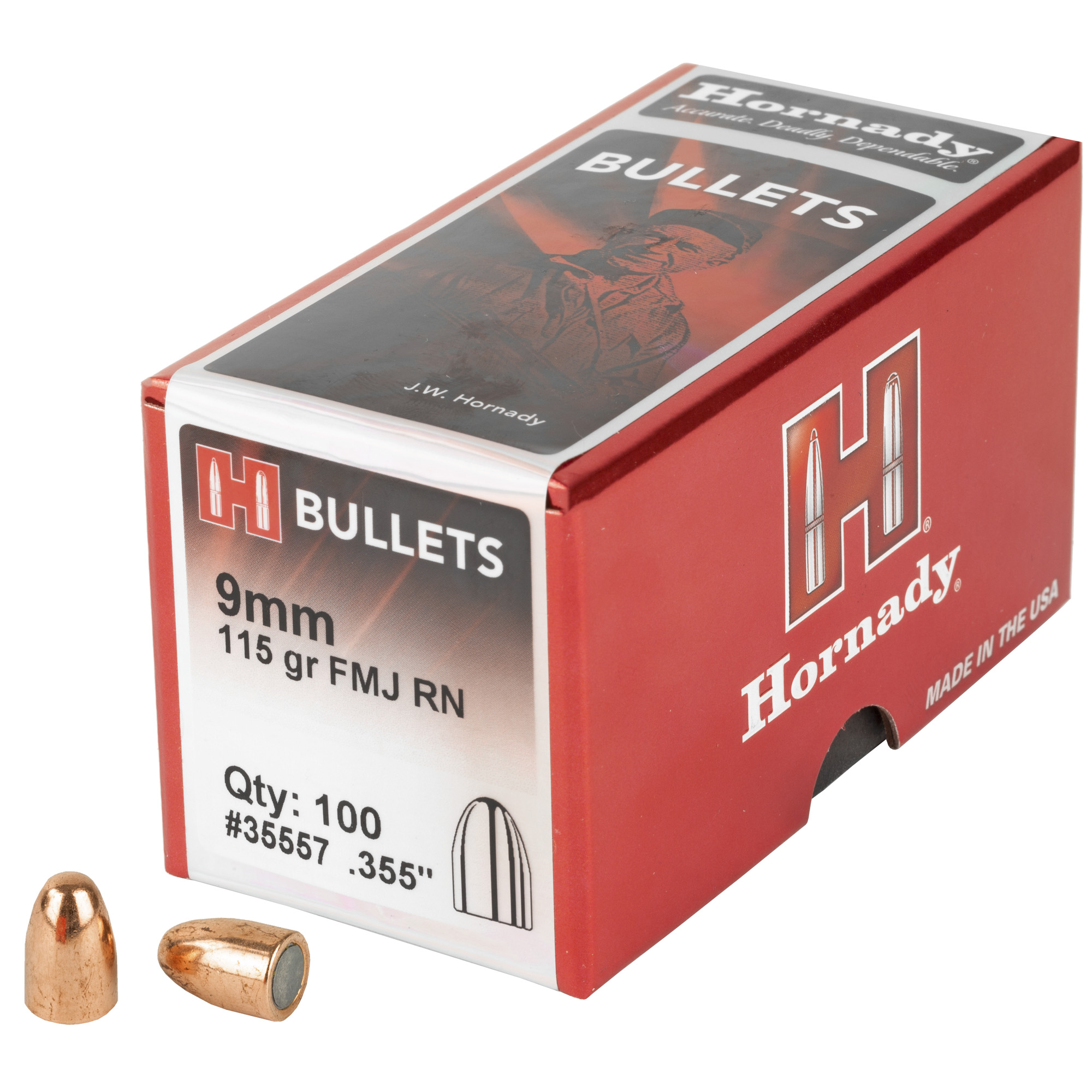 Hornady FMJ Round Nose Bullets 9 mm. .355 in. 115 gr. 100 pk