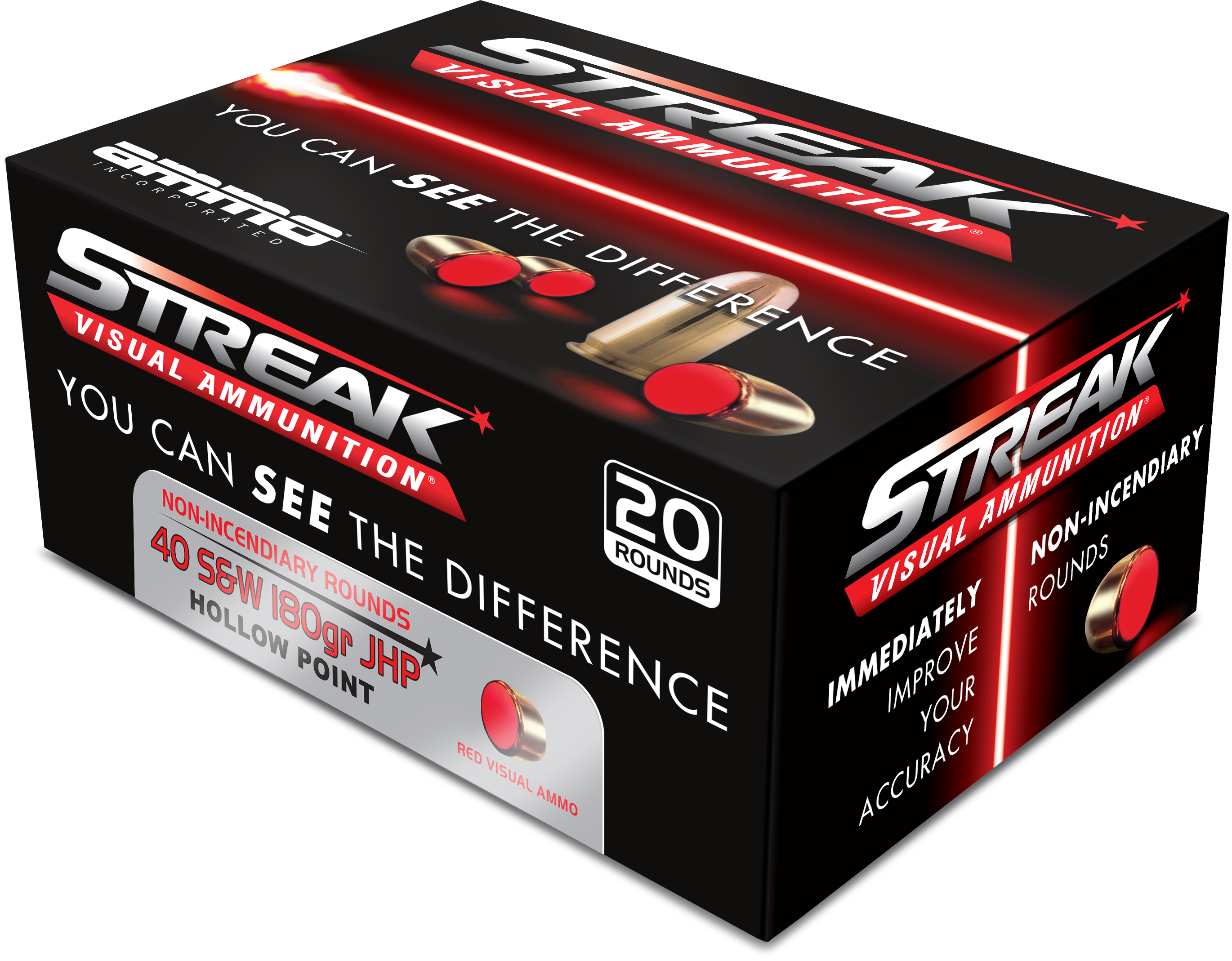 Ammo Inc 40180JHPSTRKRED Streak Visual (RED)  40S&W 180gr Jacketed Hollow Point 20 Per Box/10 Case