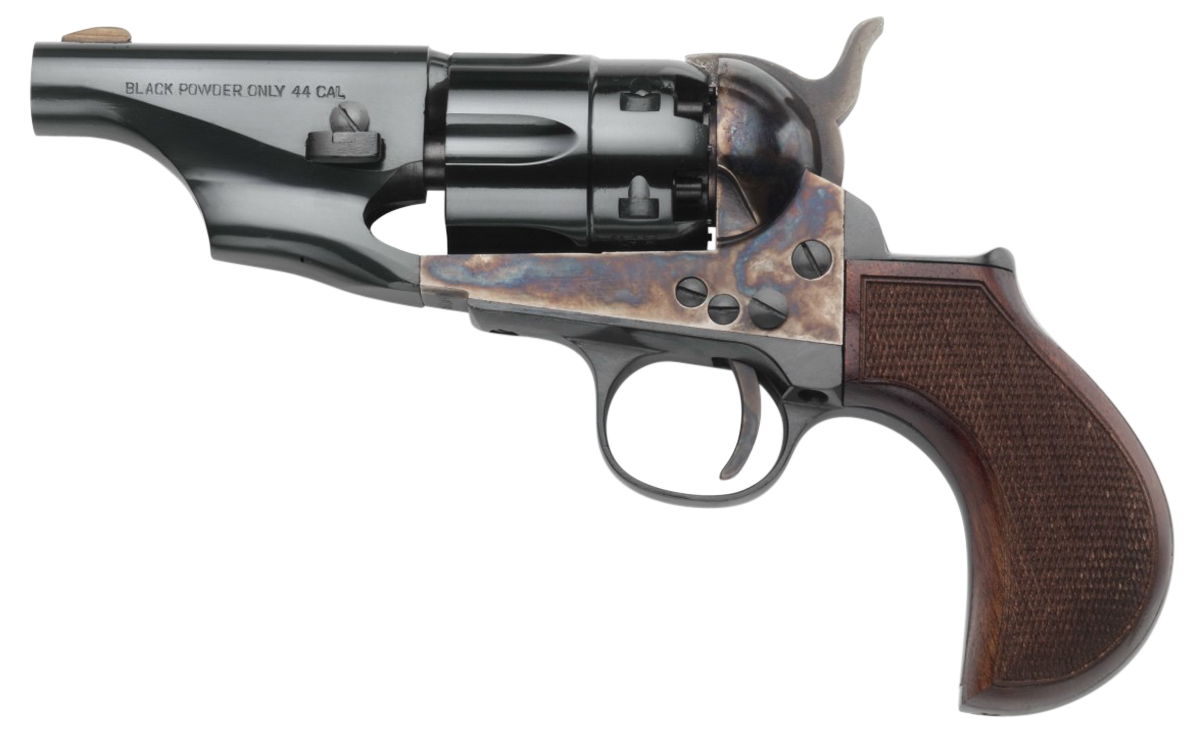 Taylors & Company 200017 1860 Army Snub Nose Break Open 44 Cal Striker Fire 3" 6 Shot Color Case Hardened Frame Blued Barrel & Cylinder Walnut Grip