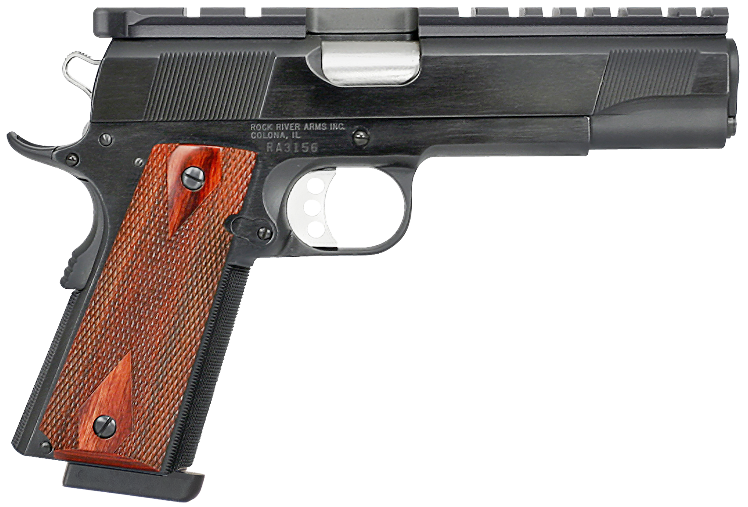 Rock River Arms PS2100 PS2100 Bullseye Wadcutter 45 ACP 8+1 5" Stainless Steel Barrel, Blued RRA Mount/Serrated Steel Slide, Blued Steel w/Beavertail Frame, Rosewood Grip