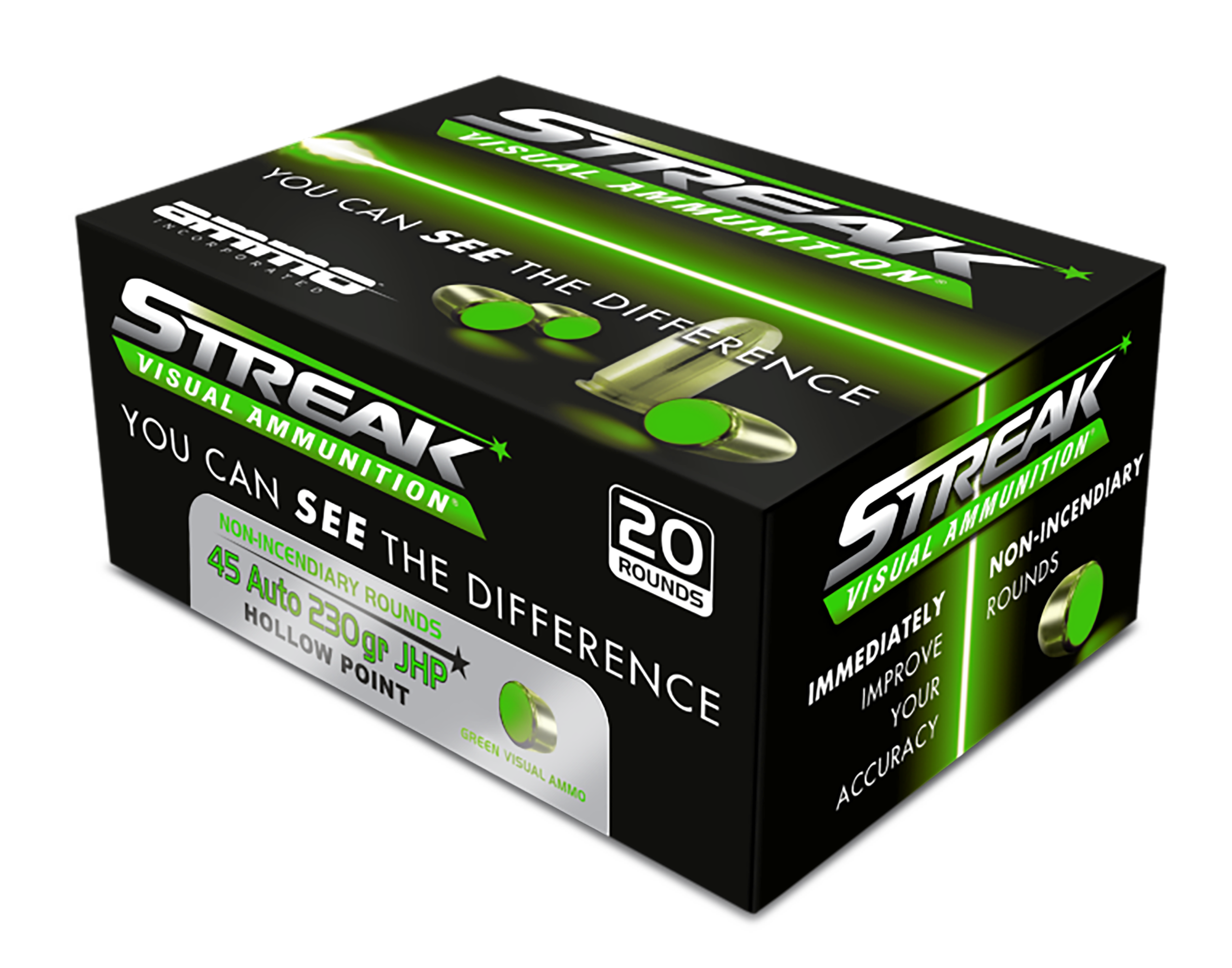 Ammo Inc 45230JHPSTRKGRN Streak Visual (GREEN)  45Auto 230gr Jacketed Hollow Point 20 Per Box/10 Case