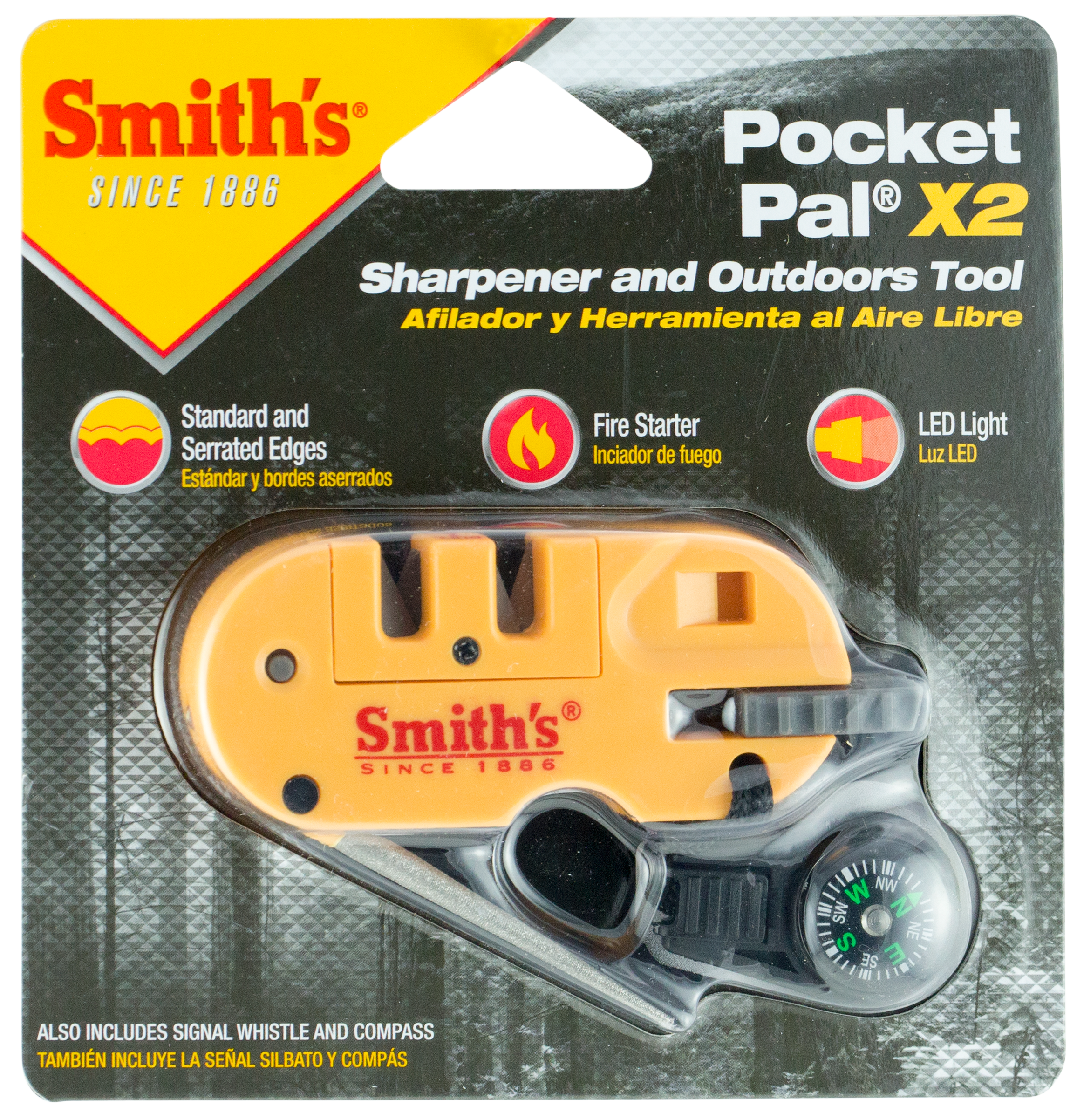 Smiths Products 50364 Pocket Pal X2 Sharpener and Outdoor Tool Hand Held Fine/Medium/Coarse Carbide, Ceramic, Diamond Sharpener Plastic Handle Yellow