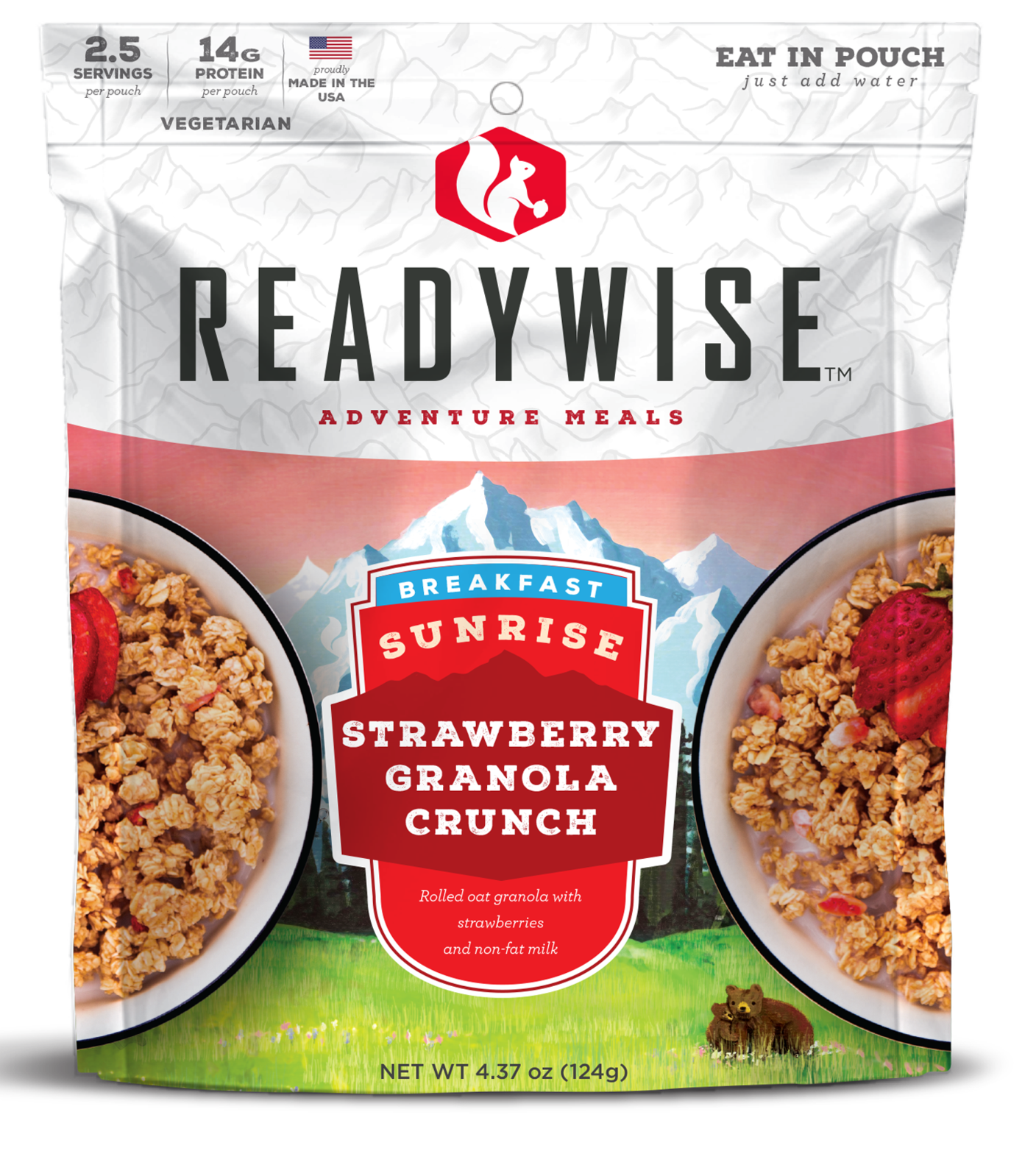 ReadyWise RW05007 Outdoor Food Kit Sunrise Strawberry Granola Crunch Breakfast Entree 2.5 Servings In A Resealable Pouch, 6 Per Case