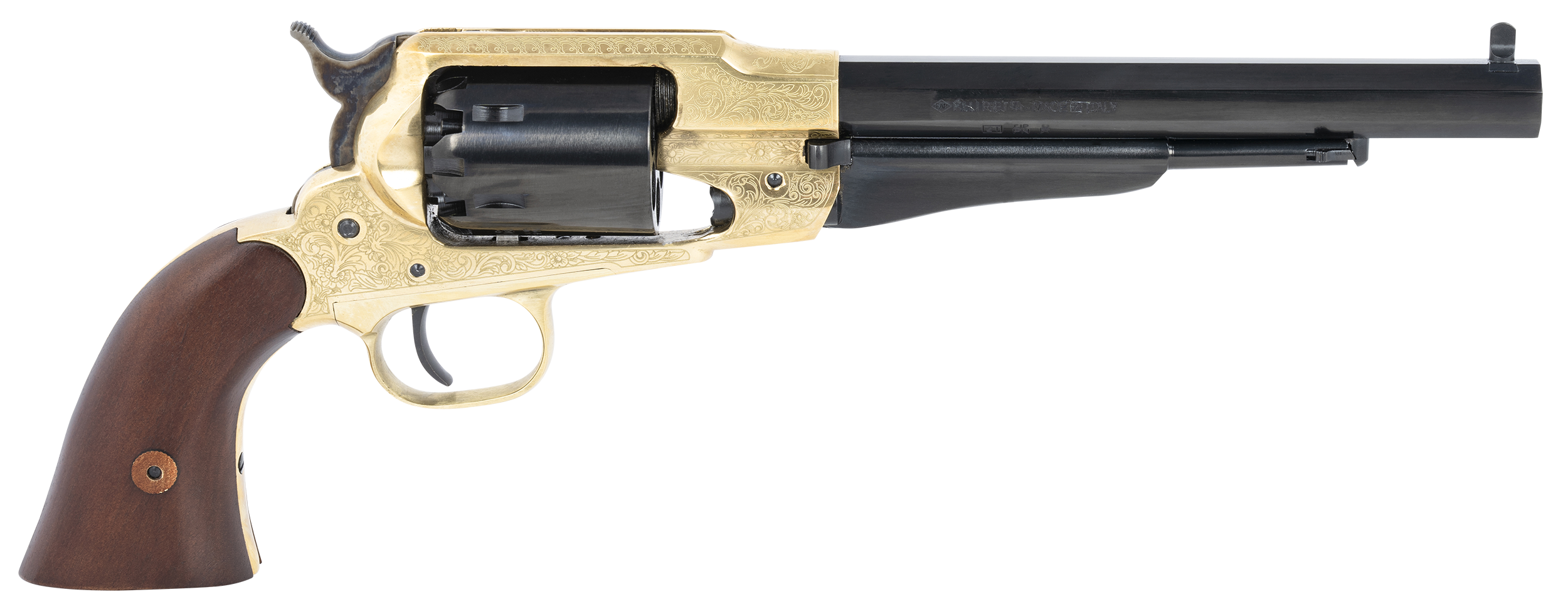 Pietta PF58BRE448 1858  44 Cal 6rd 8" Blued Barrel & Cylinder, Engraved Brass Frame, Walnut Grip, Brass trigger Guard & Backstrap