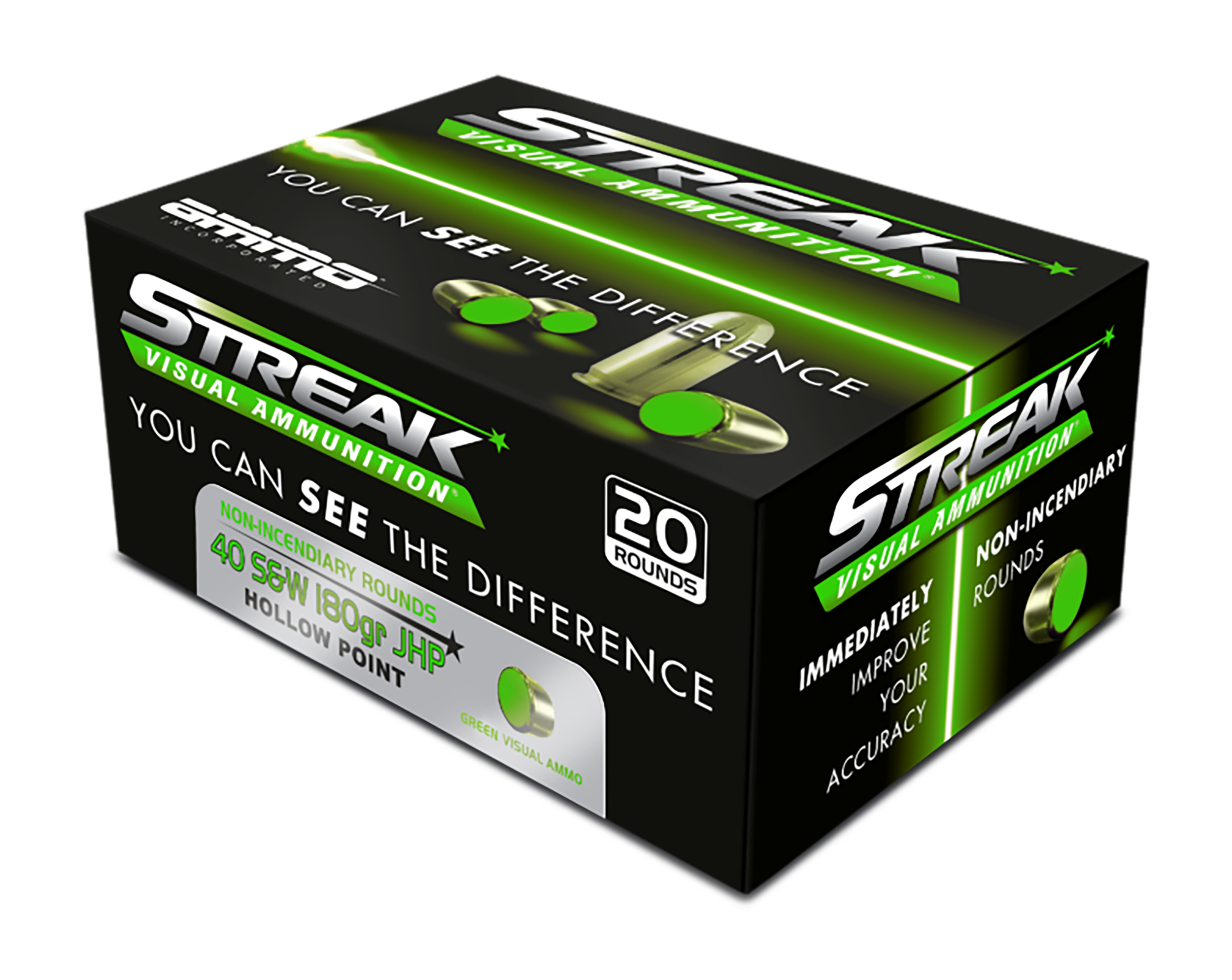 Ammo Inc 40180JHPSTRKGRN Streak Visual (GREEN)  40S&W 180gr Jacketed Hollow Point 20 Per Box/10 Case