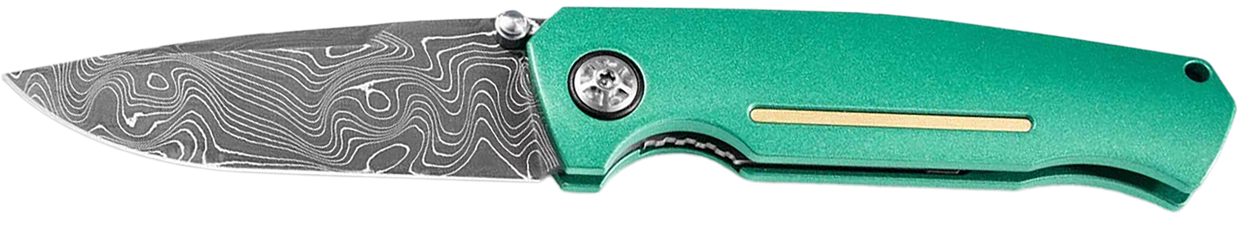 Boker 111102DAM   3.22" Drop Point Plain Damascus Blade Green Aluminum Handle