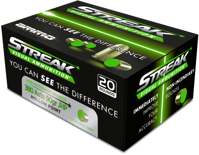 Ammo Inc 380090JHPSTRKGRN Streak Visual (GREEN)  380Auto 90gr Jacketed Hollow Point 20 Per Box/10 Case