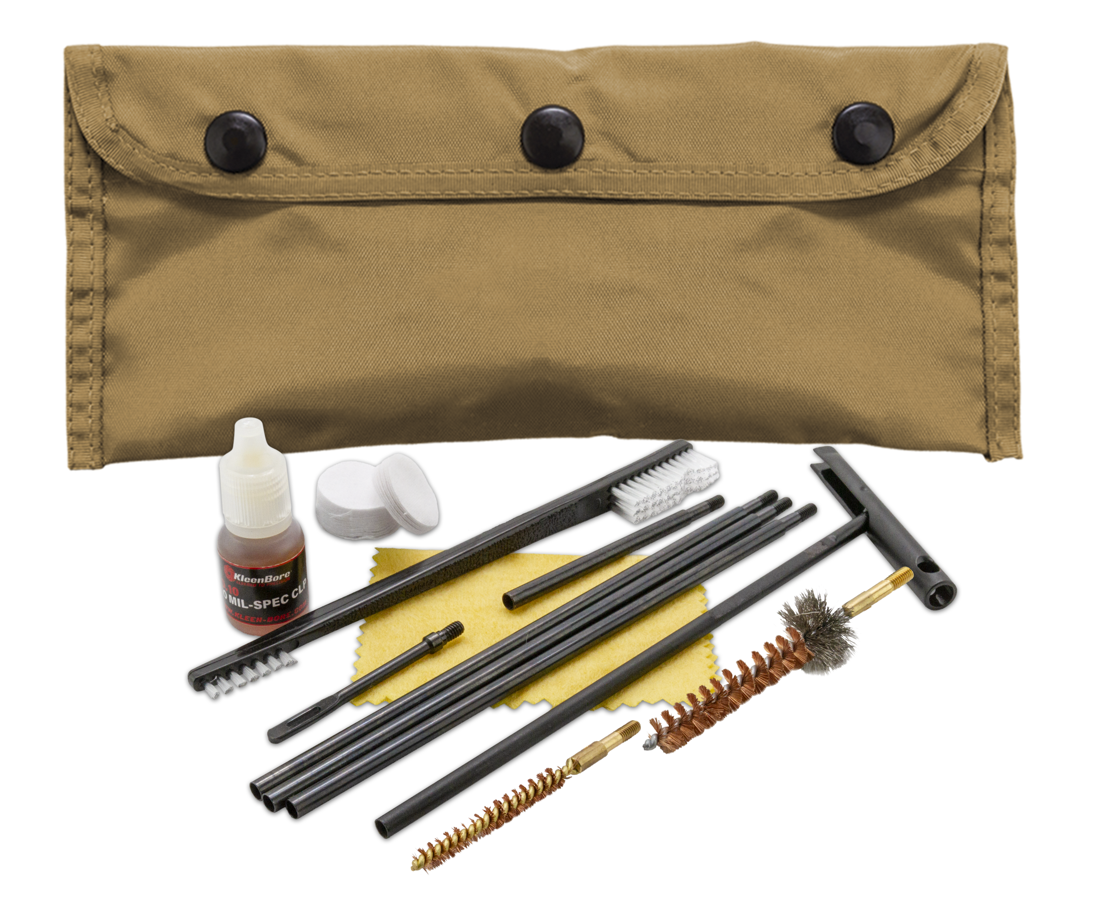 KleenBore POU302T Modular Cleaning Kit Coyote Tan Multi-Caliber Handgun/Rifle Bronze/Nylon Bristles Nylon Case