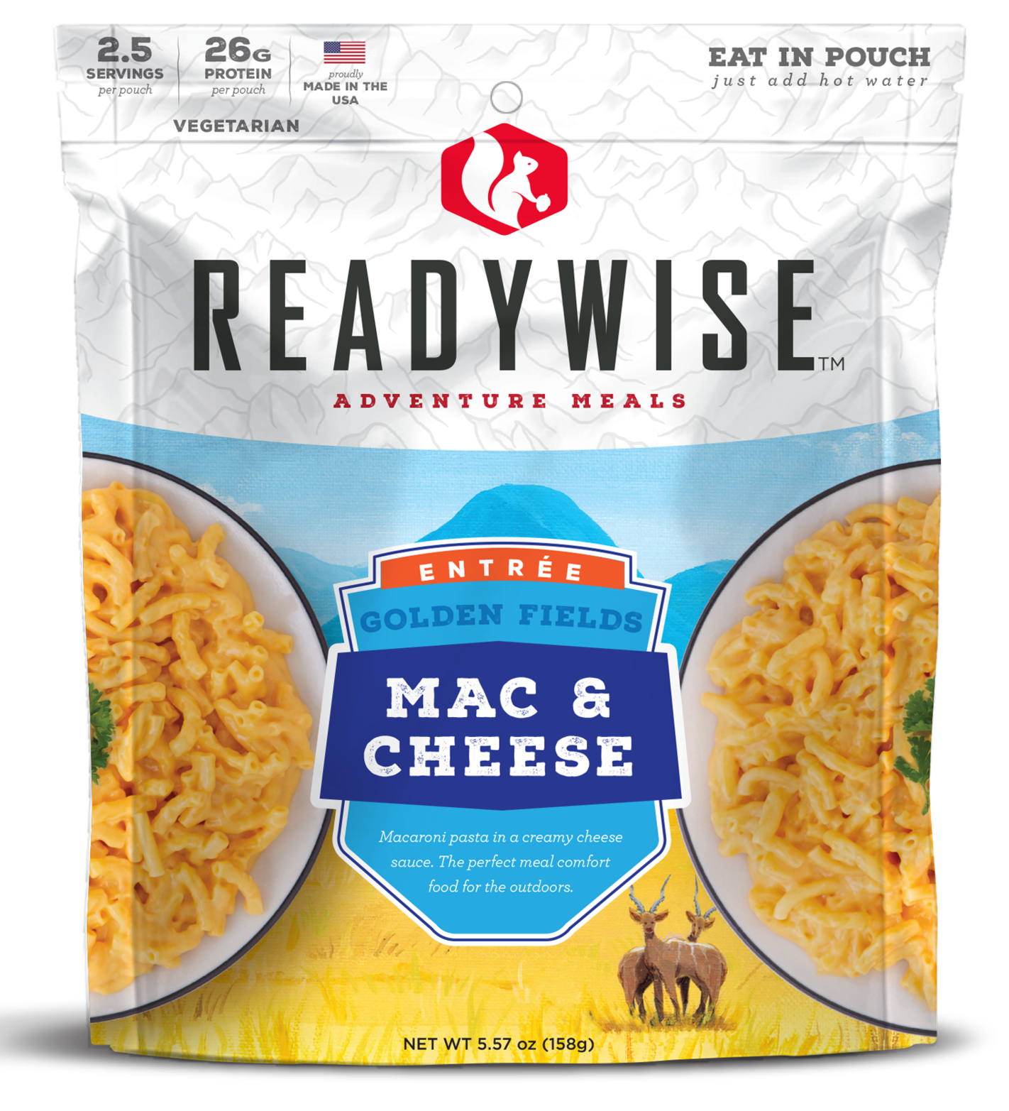 ReadyWise RW05009 Outdoor Food Kit Golden Fields Mac and Cheese 2.5 Servings In A Resealable Pouch, 6 Per Case