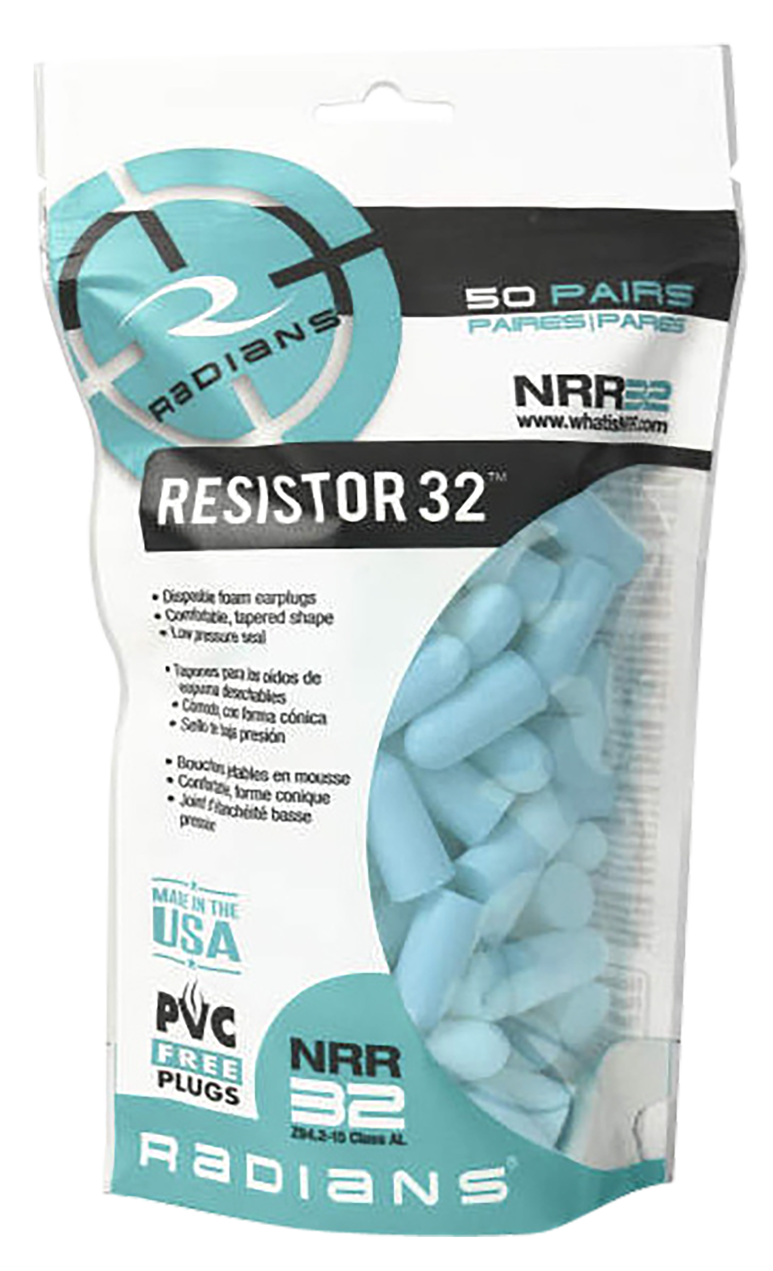 Radians FP70ABG/50 Resistor Earplugs Foam 32 dB In The Ear Aqua Blue Adult 50 Pair