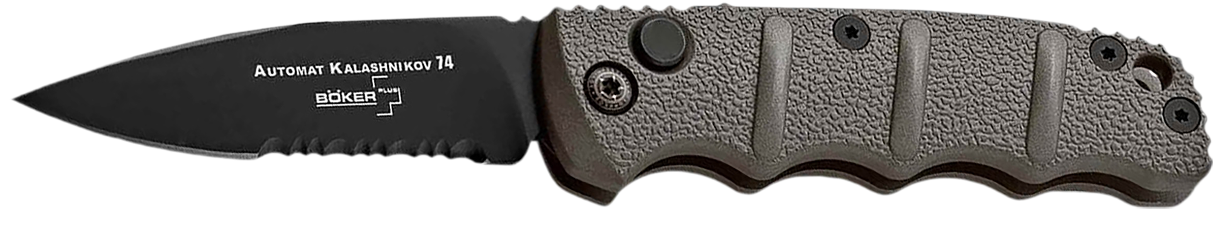 Boker 01KALS96  Kalashnikov 2.52" Drop Point Plain/Serrated Black D2 Steel Blade Gray Aluminum Handle