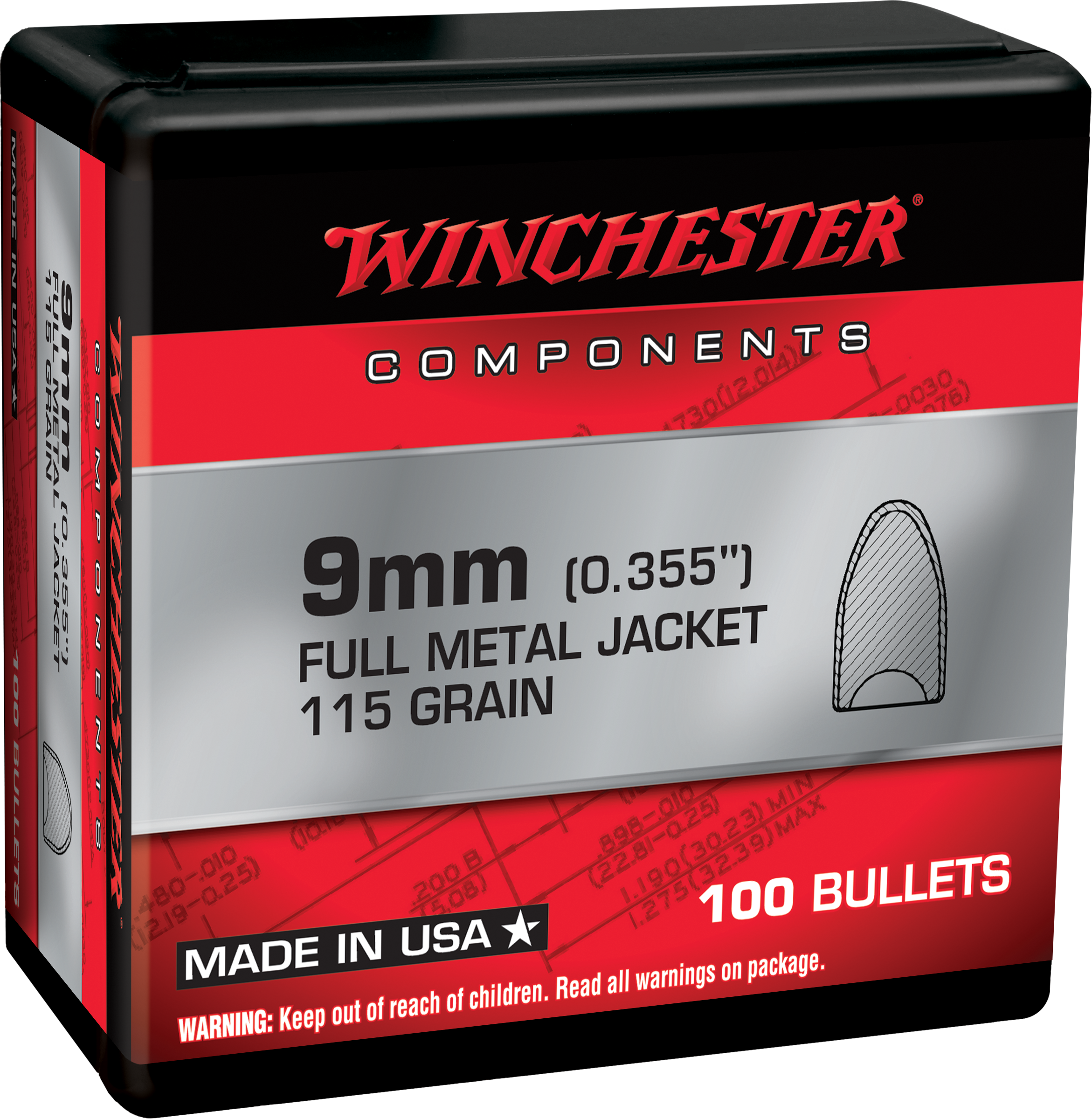Winchester Ammo WB9MC115X Centerfire Handgun Reloading 9mm 115gr Full Metal Jacket Flat Base 100 Per Box/10 Case