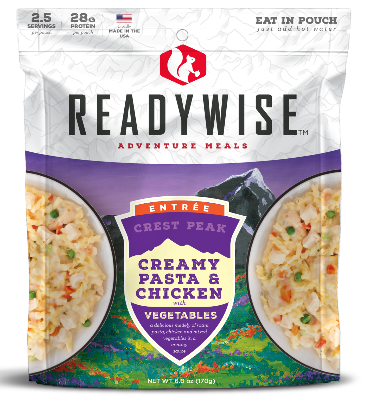 ReadyWise RW05006 Outdoor Food Kit Crest Peak Creamy Pasta and Chicken 2.5 Servings In A Resealable  Pouch, 6 Per Case