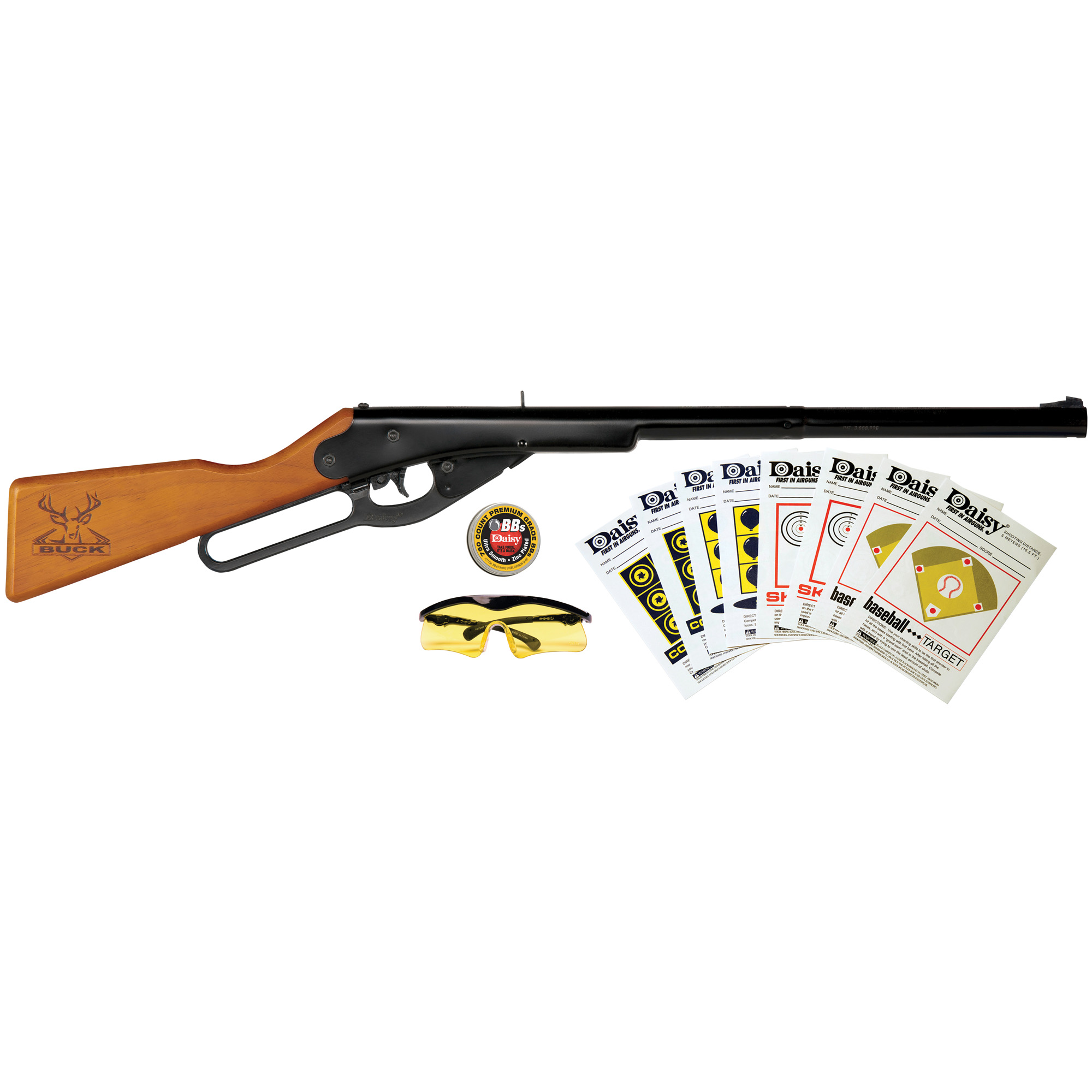Daisy 994105403 Buck Shooting Kit Spring Piston 177 BB 400rd Shot 350 fps, Black Barrel/Rec, Stained Hardwood Furniture, Includes Glasses/Premium Ammo/Targets