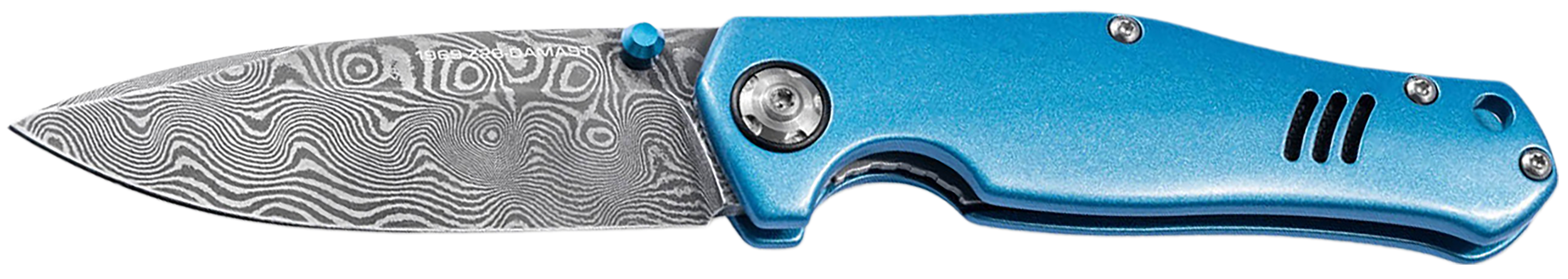 Boker 111101DAM   3.15" Drop Point Damascus Blade Blue Aluminum Handle