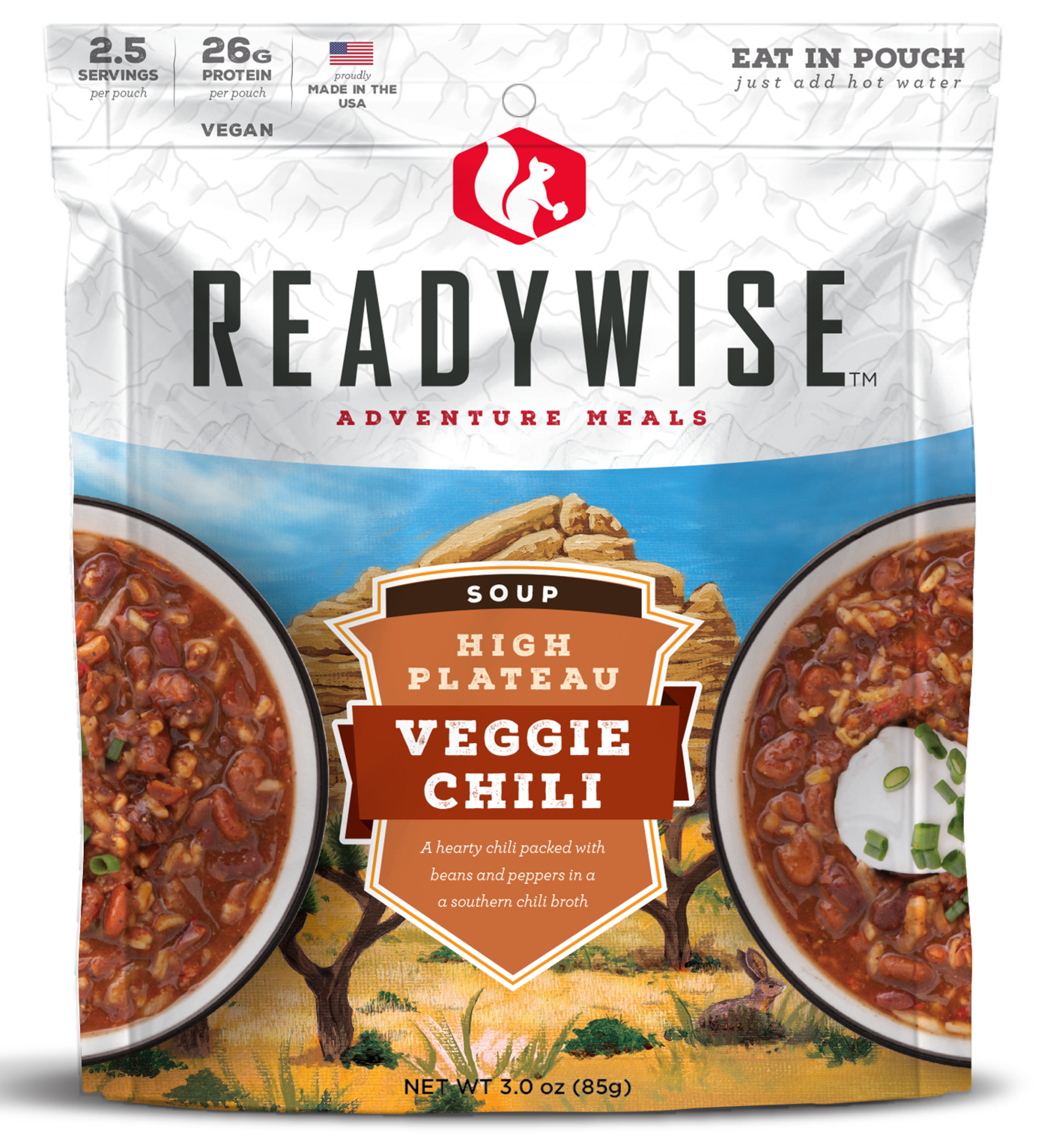 ReadyWise RW05011 Outdoor Food Kit High Plateau Veggie Chili Soup 2.5 Servings In A Resealable Pouch, 6 Per Case
