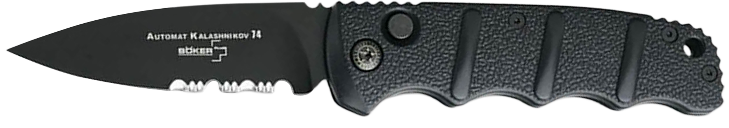 Boker 01KALS100  Kalashnikov 3.35" Drop Point Plain/Serrated Black D2 Steel Blade Aluminum Handle