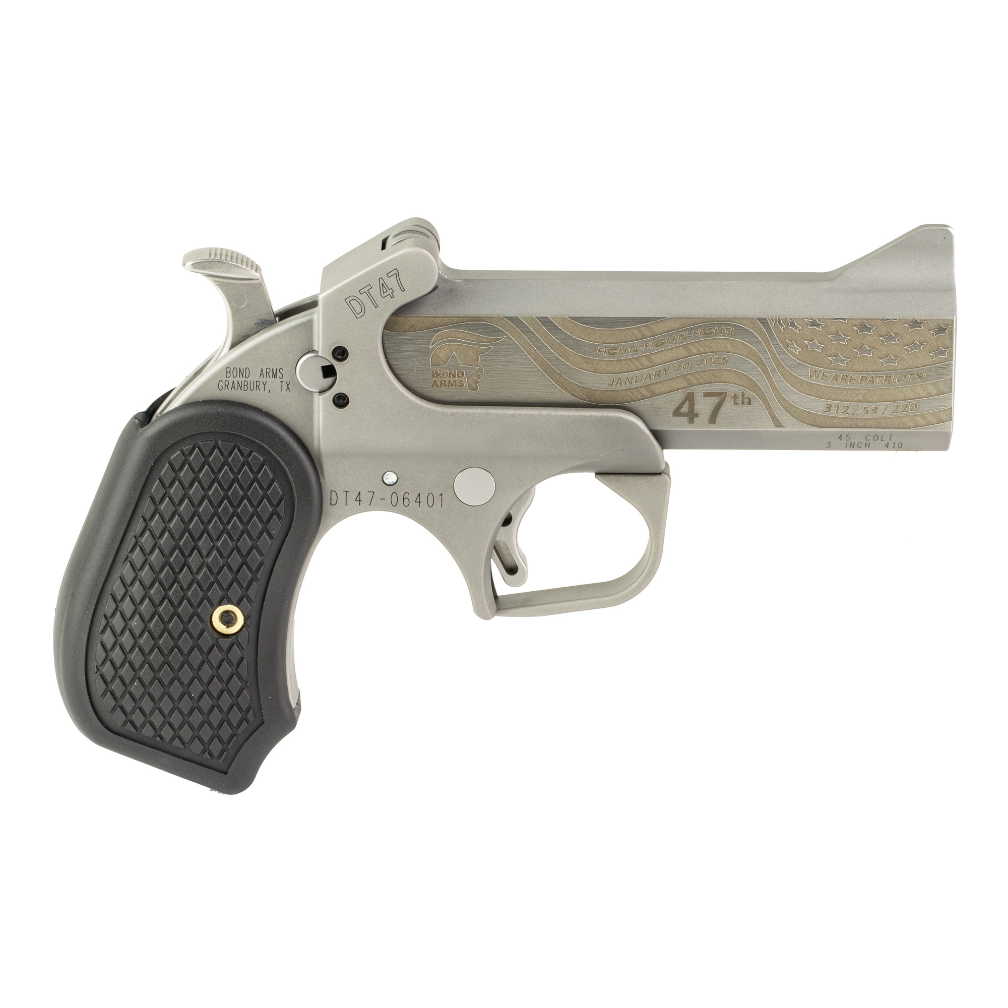 Bond Arms DT47-45/410 DT-47 Trump 47th President 45 Colt (Long Colt)/.410 2 Shot4.25" Stainless w/Gold Engraving Double Barrel, Stainless Steel Frame, Black Extended B6 Resin Grips