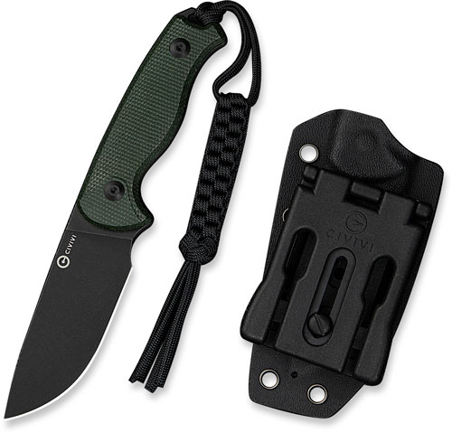 CIVIVI Timberbark FIXED Green Canvas Micarta Handle (3.2"" Black Stonewashed 14C28N Blade) C23094-3, With 1PC Black Lanyard, Black Kydex Sheath & T-Clip