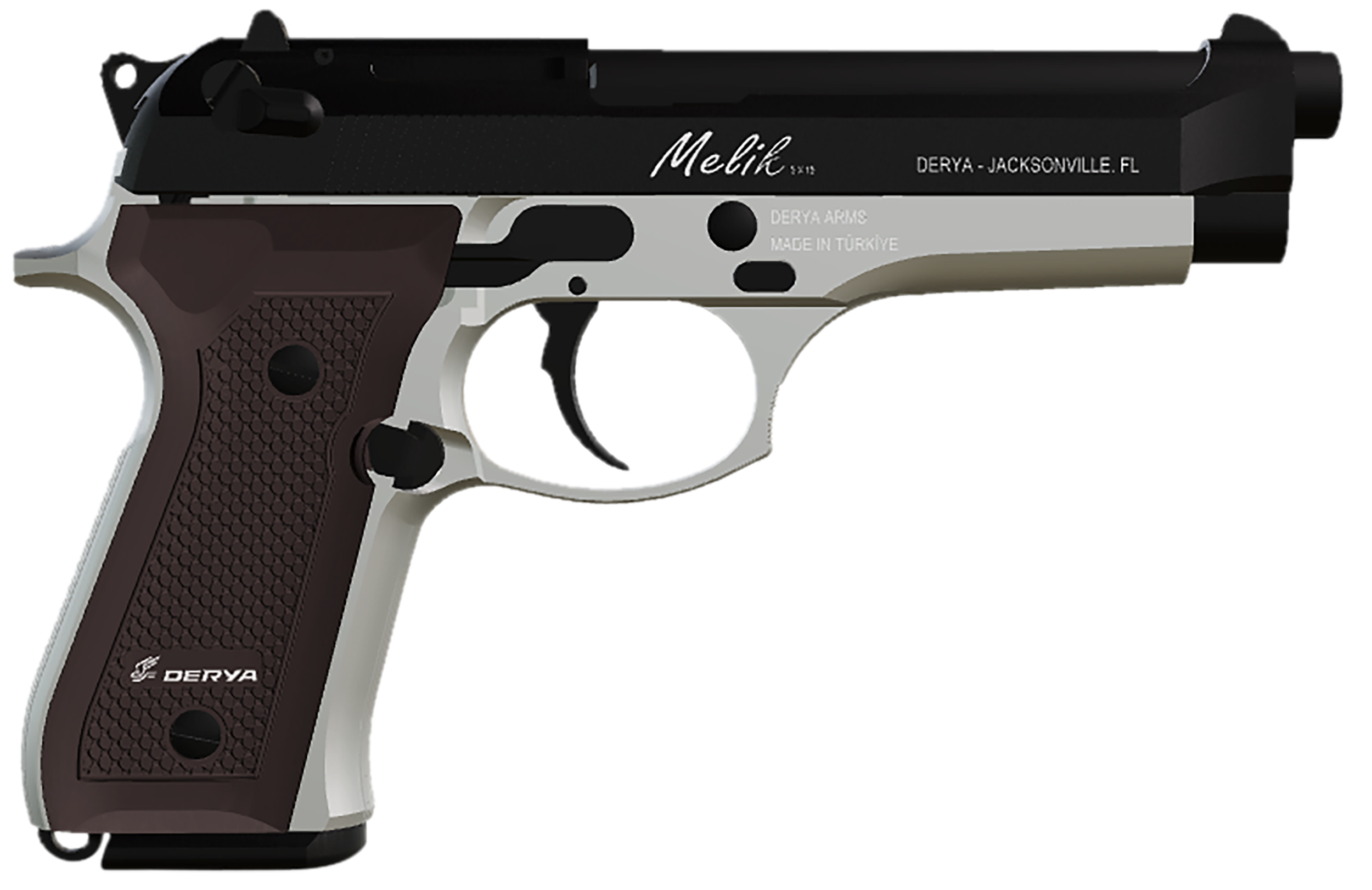 Derya Firearms 15LTTMELIK9TR Melik Two Tone 9mm 15+1 4.90" Black Melotine Slide/ Silver Anodized Frame Dark Walnut Grip