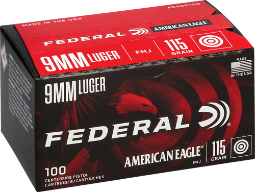 Federal, American Eagle AE, 9mm Luger, Full Metal Jacket, 115 Grain, 100 Rounds