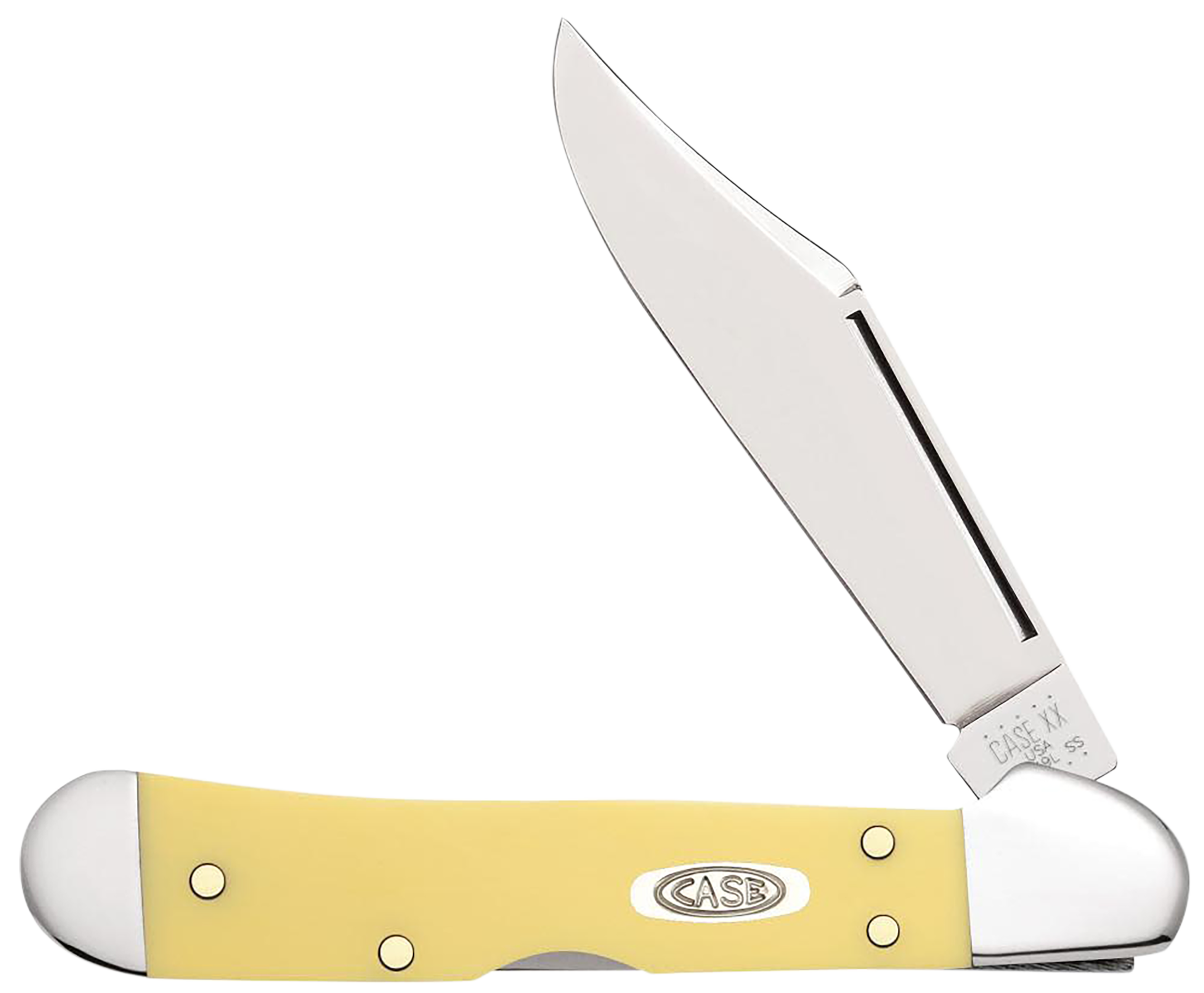Case 30116 CopperLock  Mini 2.72" Folding Clip Point Plain Mirror Polished Carbon Steel Blade, Yellow Synthetic Handle