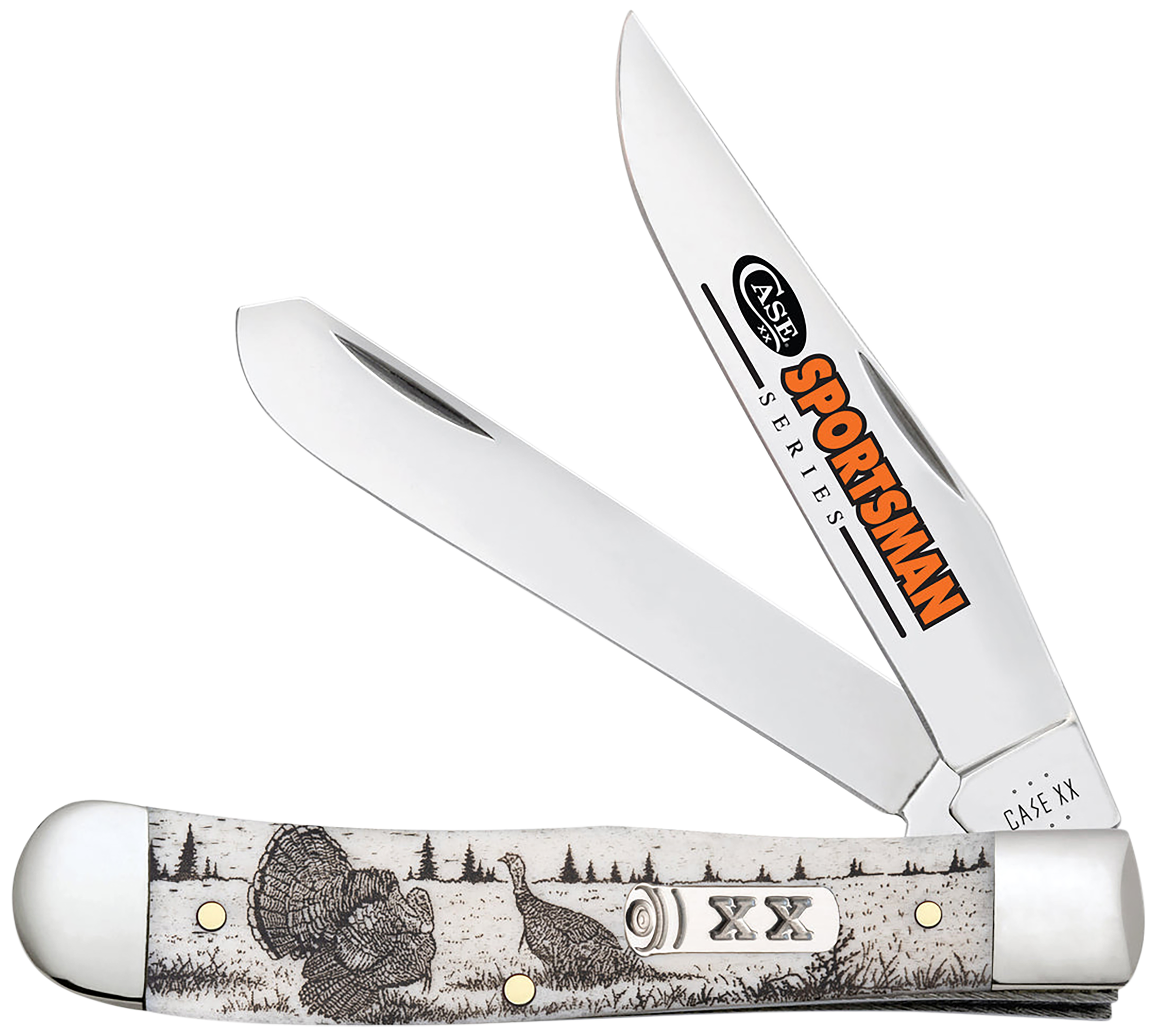 Case 81221 Trapper Sportsman Folding Clip Point/Spey Plain Mirror Polished Tru-Sharp SS Blade/Turkey Embellished Natural Bone Handle
