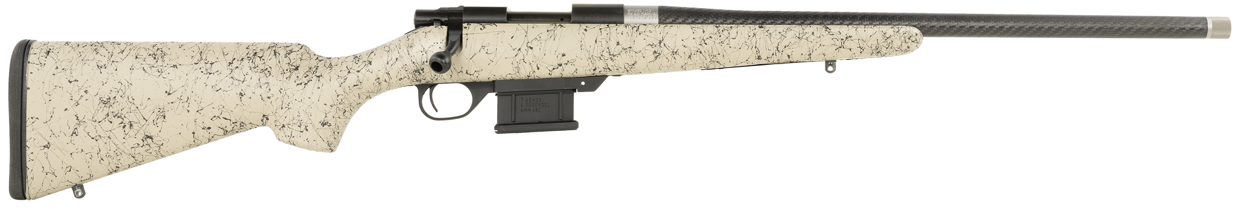 Howa HCE6ARCTAN 1500 Carbon Elevate 6mm ARC 22" Carbon Fiber Wrapped Threaded Barrel, Black Drilled & Tapped Steel Receiver, Fixed Stocky's Tan w/Black Webbing Synthetic Stock,