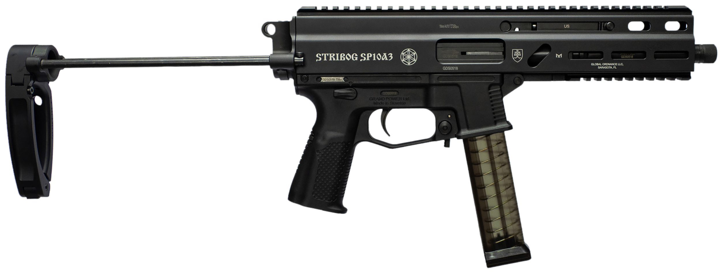 Global Ordnance Stribog SP10A3 10mm Auto 8" 20 Rounds PDW Tailhook Brace