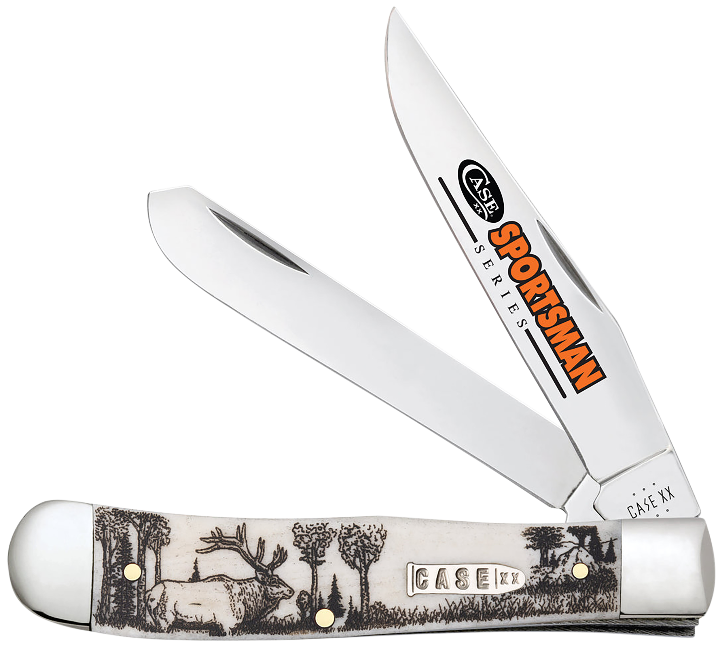 Case 81222 Trapper Sportsman Folding Clip Point/Spey Plain Mirror Polished Tru-Sharp SS Blade/Elk Embellished Natural Bone Handle
