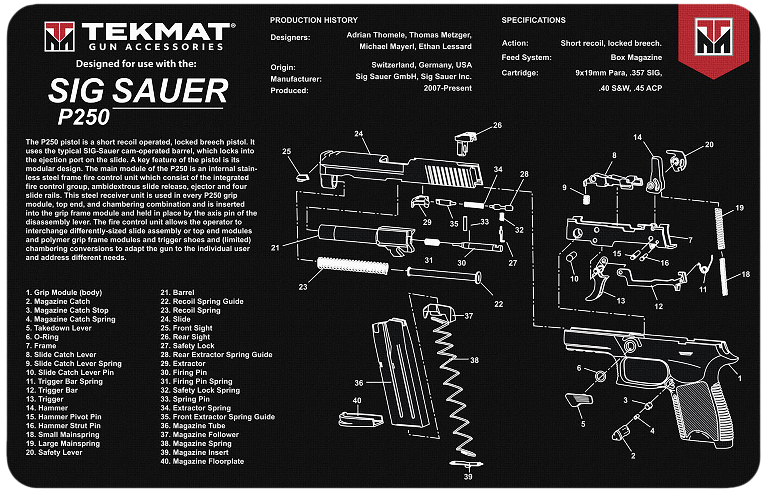 TekMat TEKR17SIGP250 Sig Sauer P250 Cleaning Mat Black/White Rubber 11" x 17"