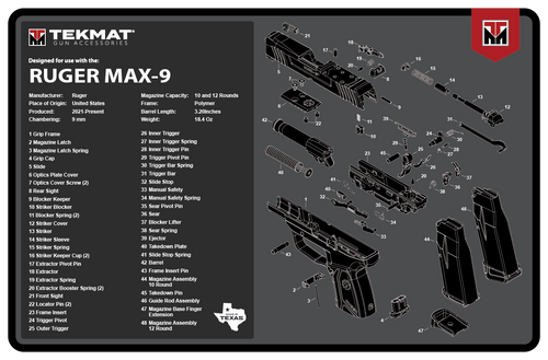 TekMat Ruger Max 9 Cleaning Mat Rubber 11"x17" Parts Diagram